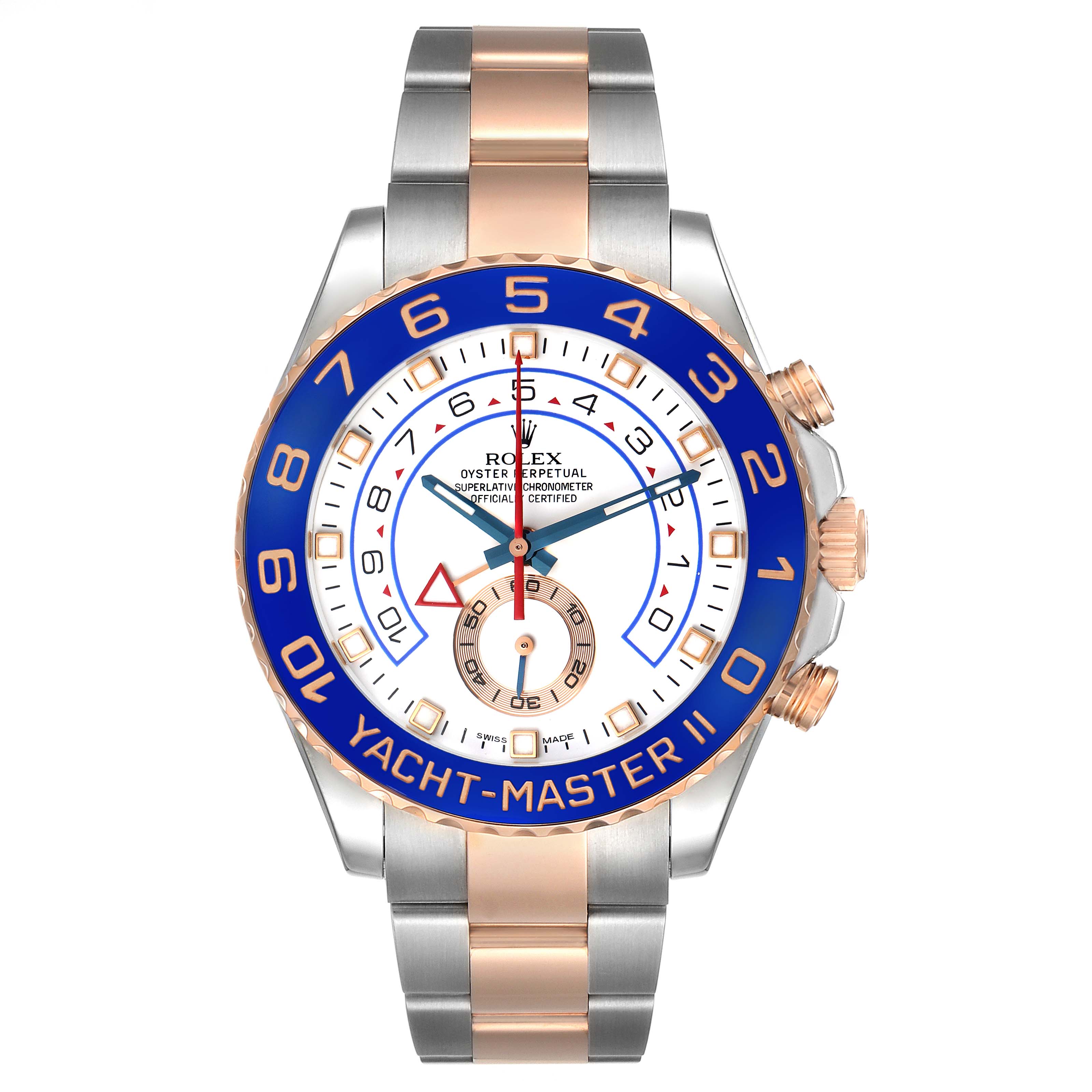 The Rolex Yacht-Master 116681M Men's Steel and Gold (two tone) White Dial watch is shown from the front, displaying its face, bezel, and part of the bracelet.