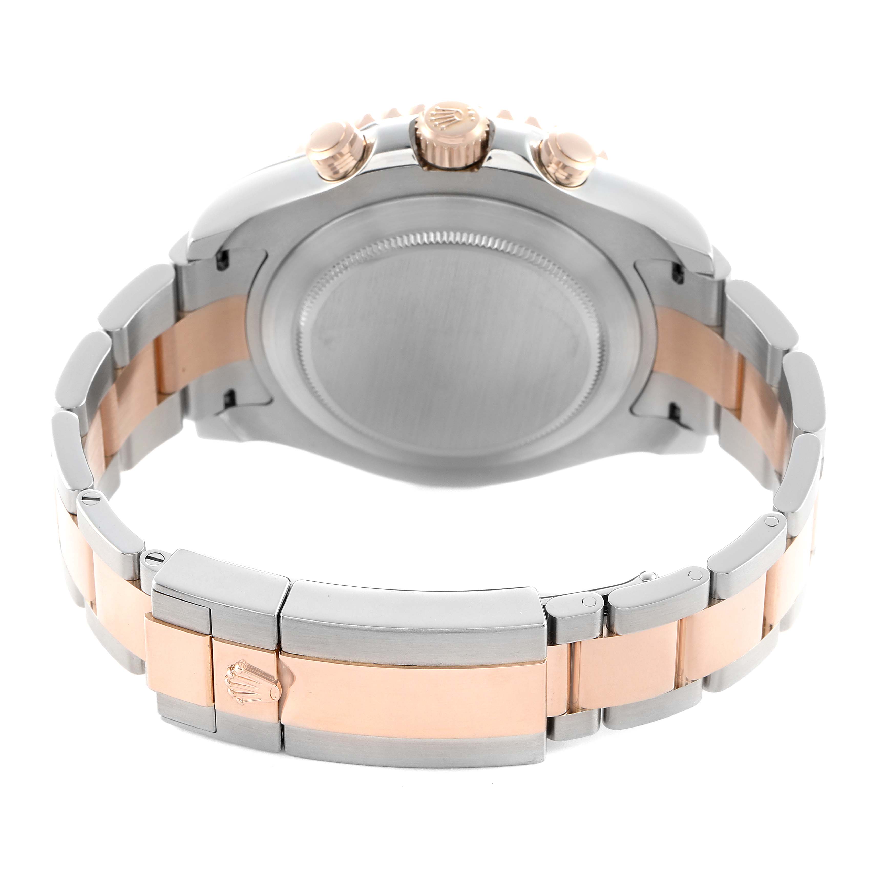 The image shows the Rolex Yacht-Master 116681M Men's Steel and Gold (two tone) White Dial watch from the back, highlighting the case back and two-tone bracelet with crown clasp.