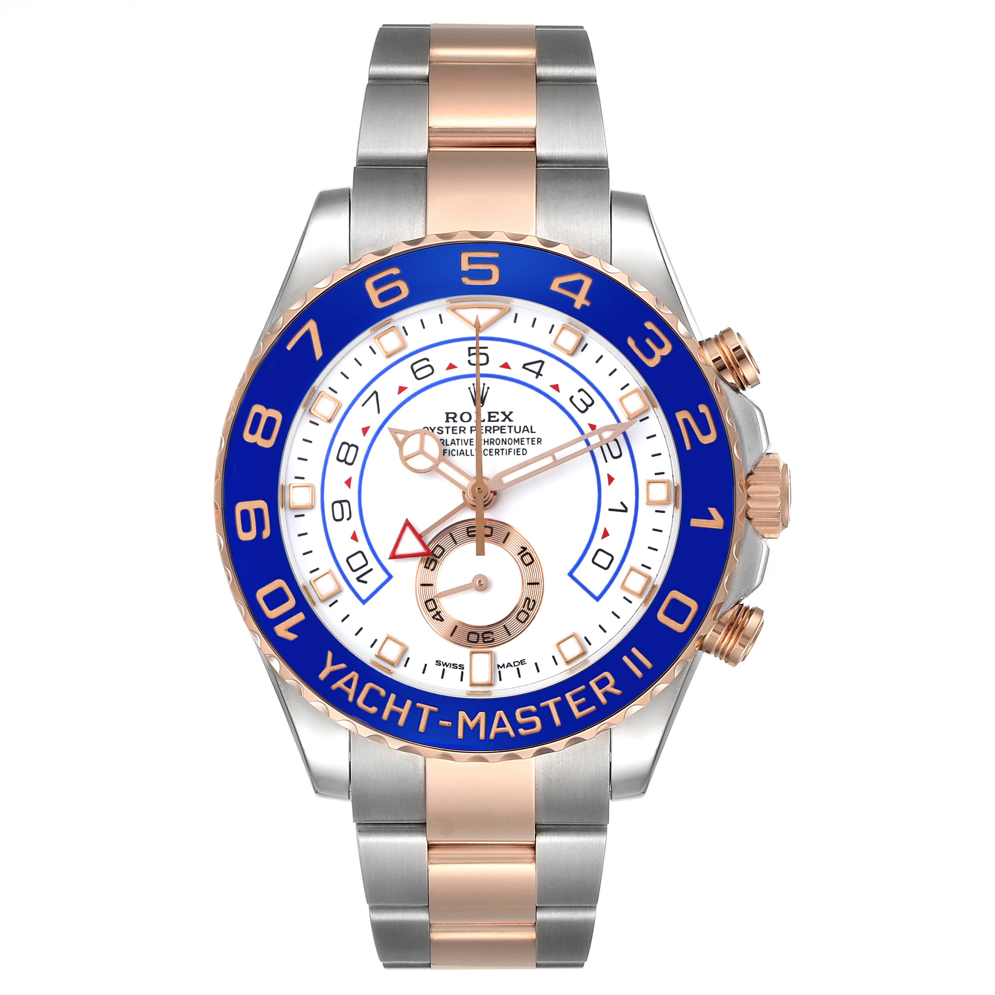The Rolex Yacht-Master 116681M Men's Steel and Gold (two tone) White Dial watch is shown from a top view, featuring the face, bezel, and part of the bracelet.