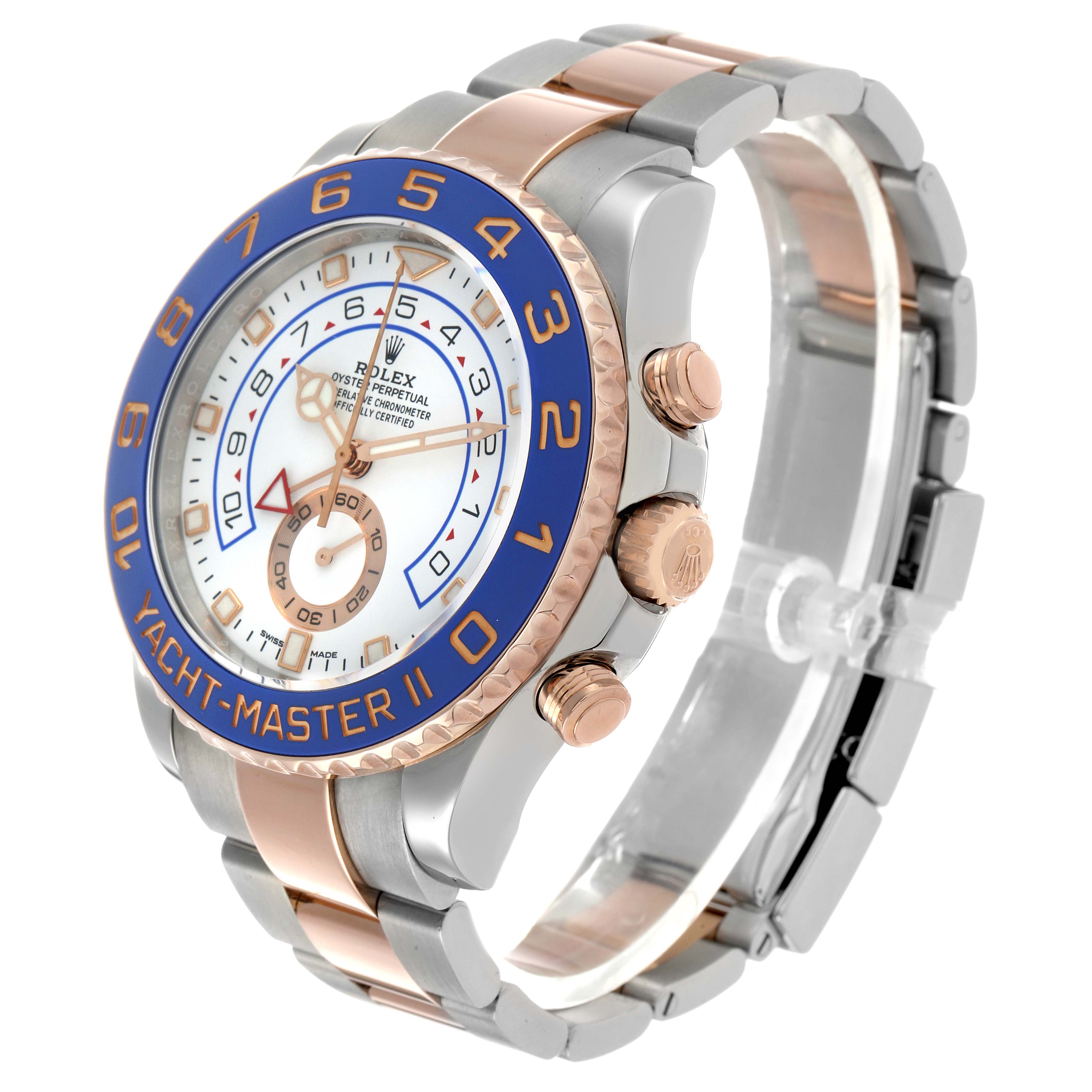 The image shows a side and slightly frontal angle of the Rolex Yacht-Master 116681M Men's Steel and Gold (two tone) White Dial watch, highlighting the bezel, crown, and bracelet.