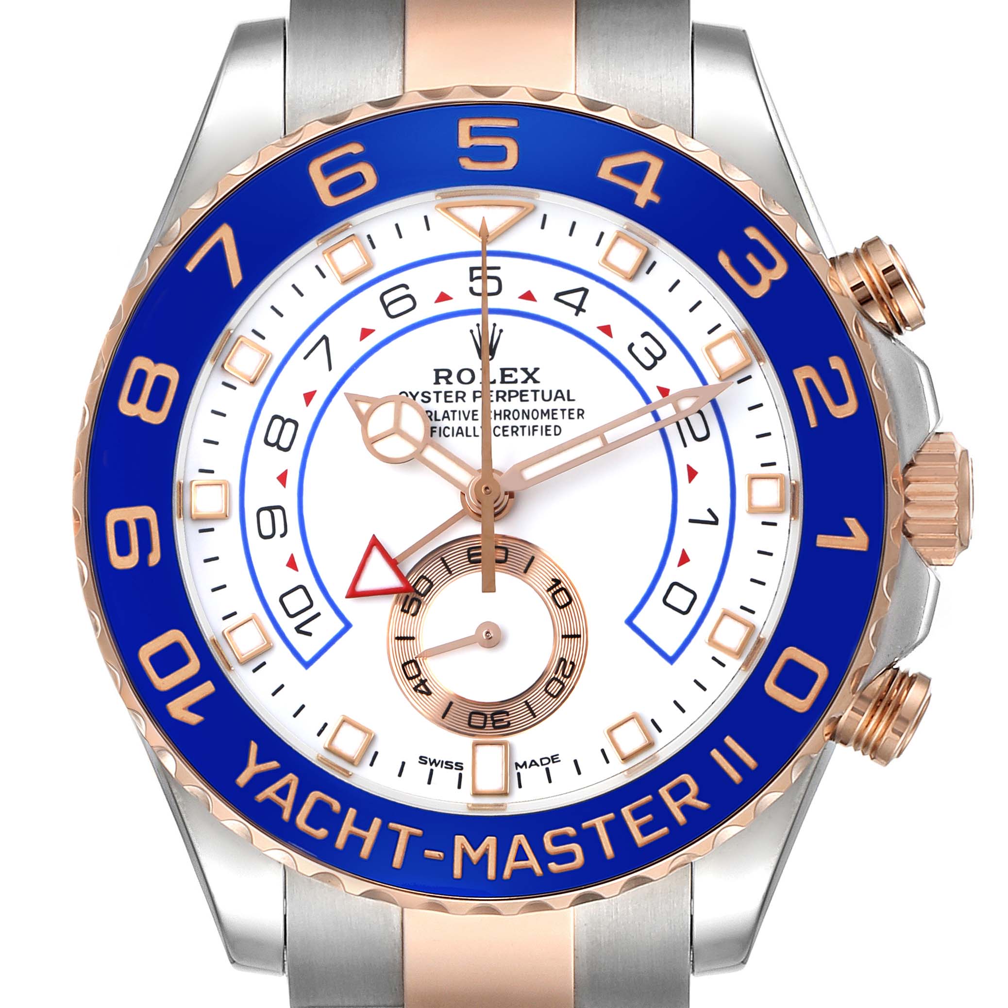 The Rolex Yacht-Master 116681M Men's Steel and Gold (two tone) White Dial watch is shown from the front, highlighting its blue bezel, dial, and rose gold details.