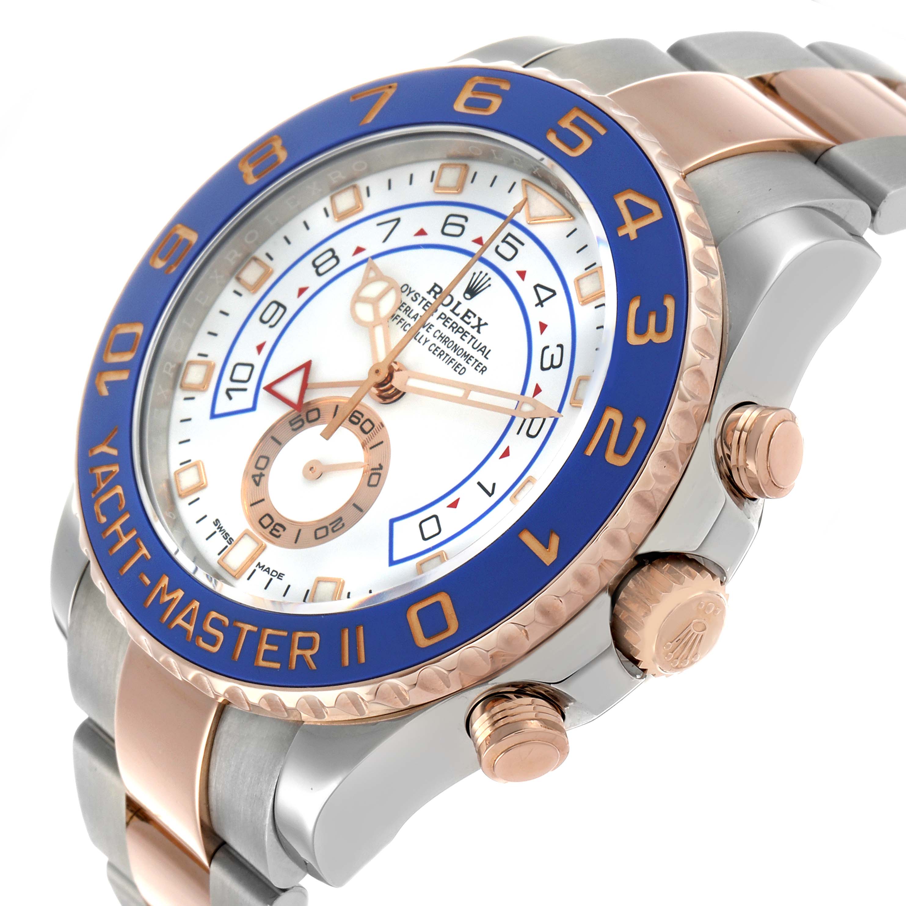 The Rolex Yacht-Master 116681M Men's Steel and Gold (two tone) White Dial model is shown at a three-quarter angle, highlighting the bezel, dial, crown, and bracelet.