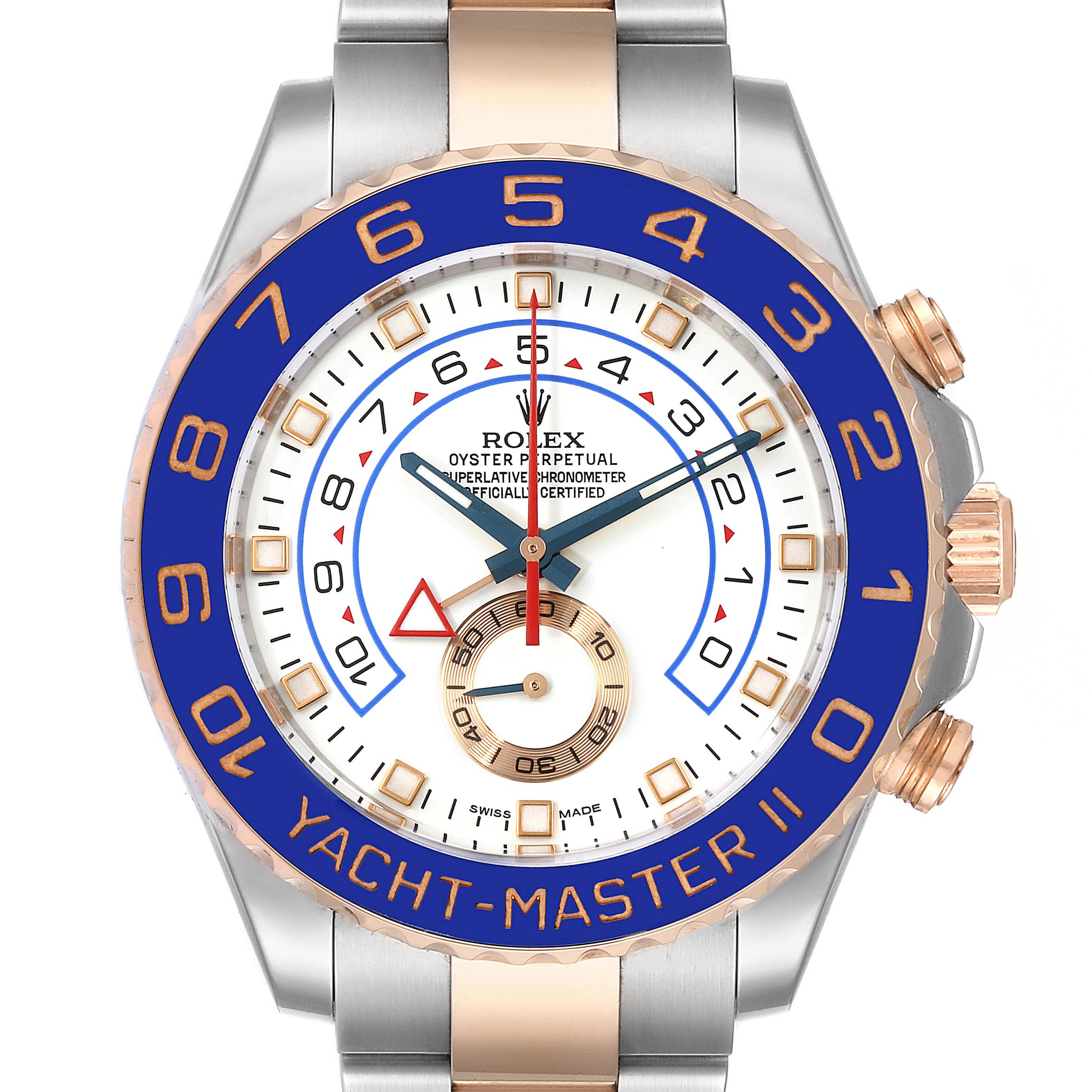 The image shows a front view of the face and bezel of a Rolex Yacht-Master 116681 Men
s Steel and Gold (two tone) White Dial 116681 Men
s Steel and Gold (two tone) White Dial II watch, highlighting its blue bezel and gold accents.