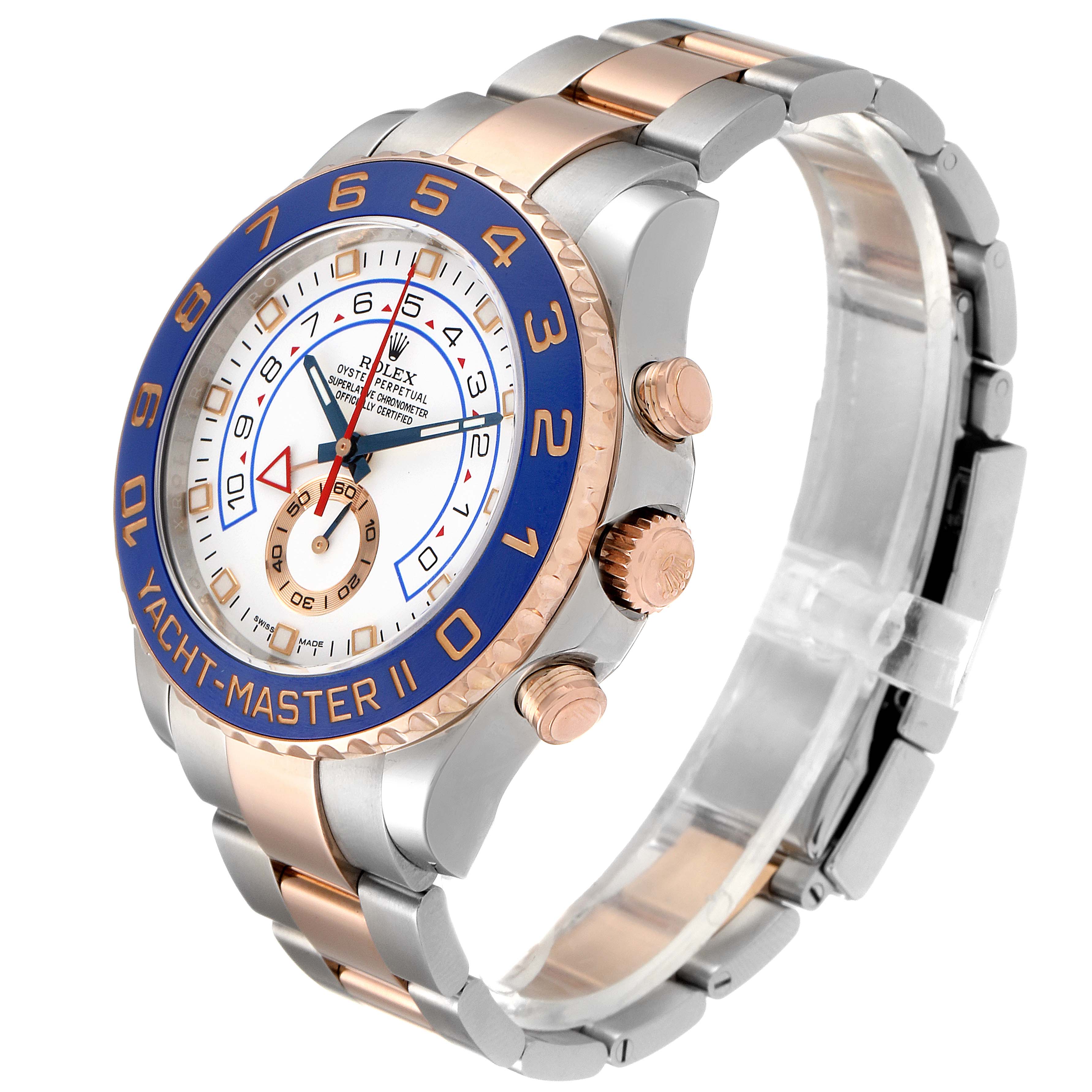 The image shows a Rolex Yacht-Master 116681 Men
s Steel and Gold (two tone) White Dial 116681 Men
s Steel and Gold (two tone) White Dial II watch angled to display the face, bezel, crown, and part of the oyster bracelet.