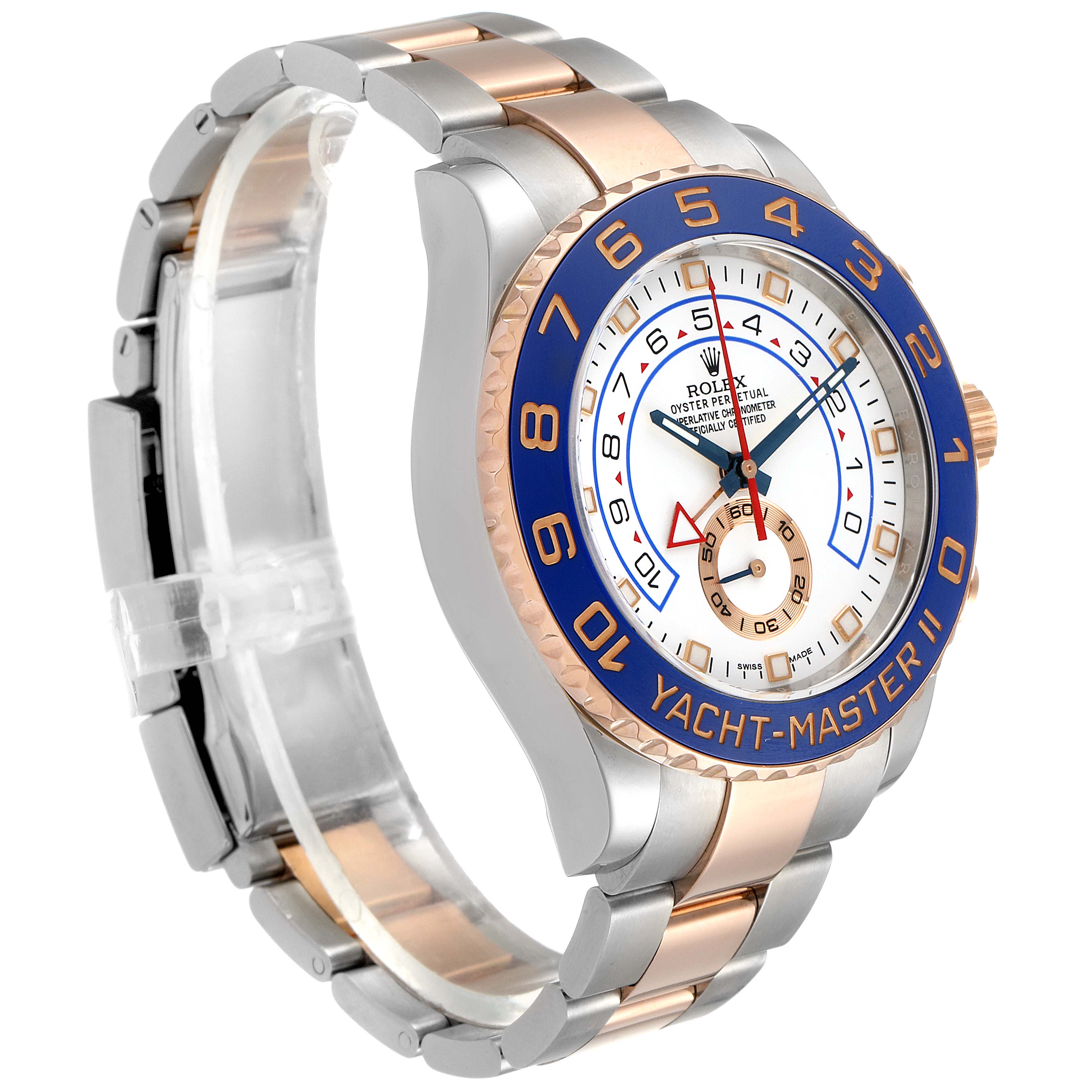 The Rolex Yacht-Master 116681 Men
s Steel and Gold (two tone) White Dial 116681 Men
s Steel and Gold (two tone) White Dial watch is shown at an angle displaying the face, bezel, and bracelet prominently.