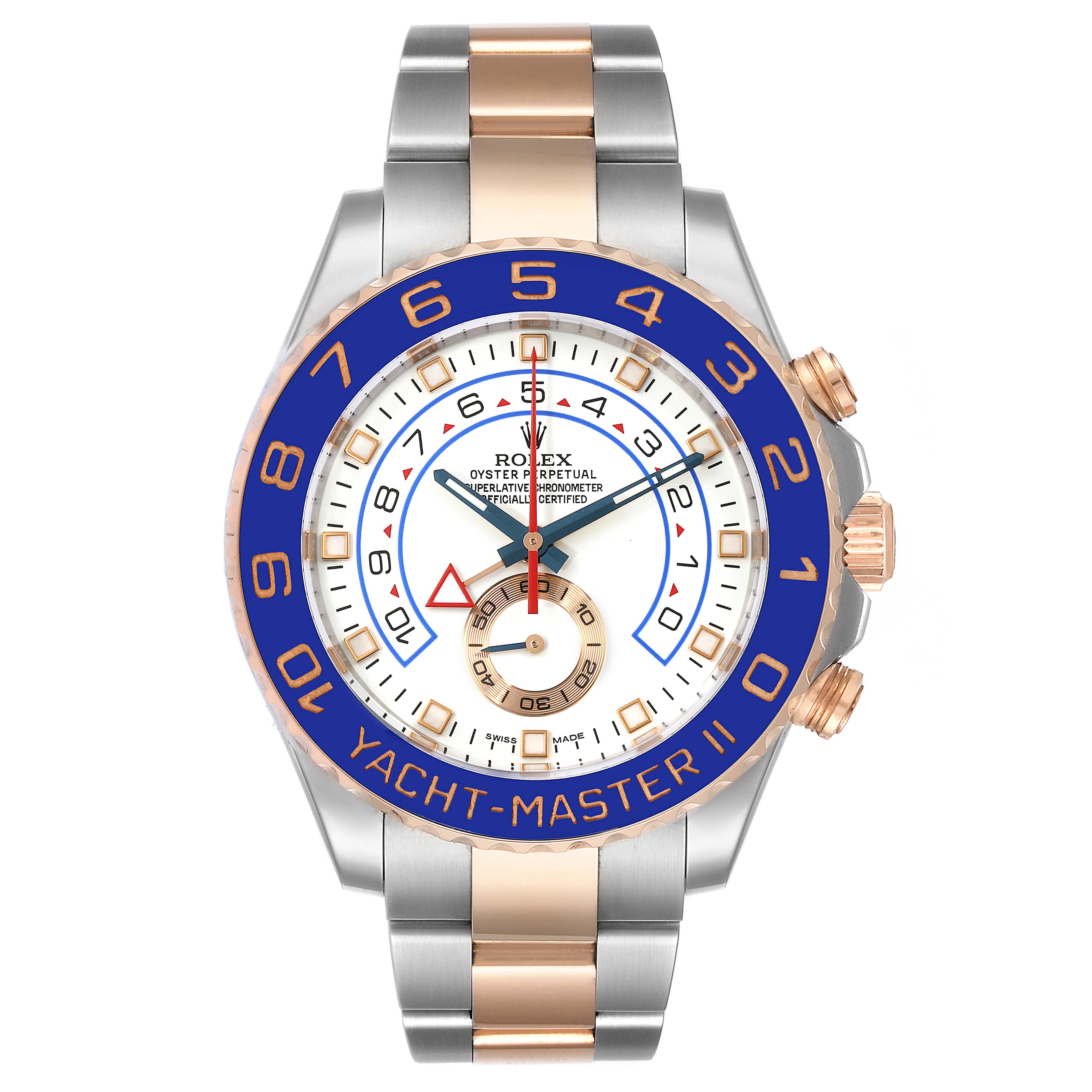 The image shows a Rolex Yacht-Master 116681 Men
s Steel and Gold (two tone) White Dial 116681 Men
s Steel and Gold (two tone) White Dial II watch from a front angle, displaying its blue and gold bezel and metal bracelet.