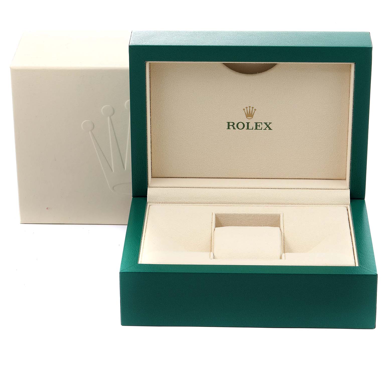The image shows an open Rolex watch box for the Yacht-Master model, viewed from the front, revealing its cushioned interior.