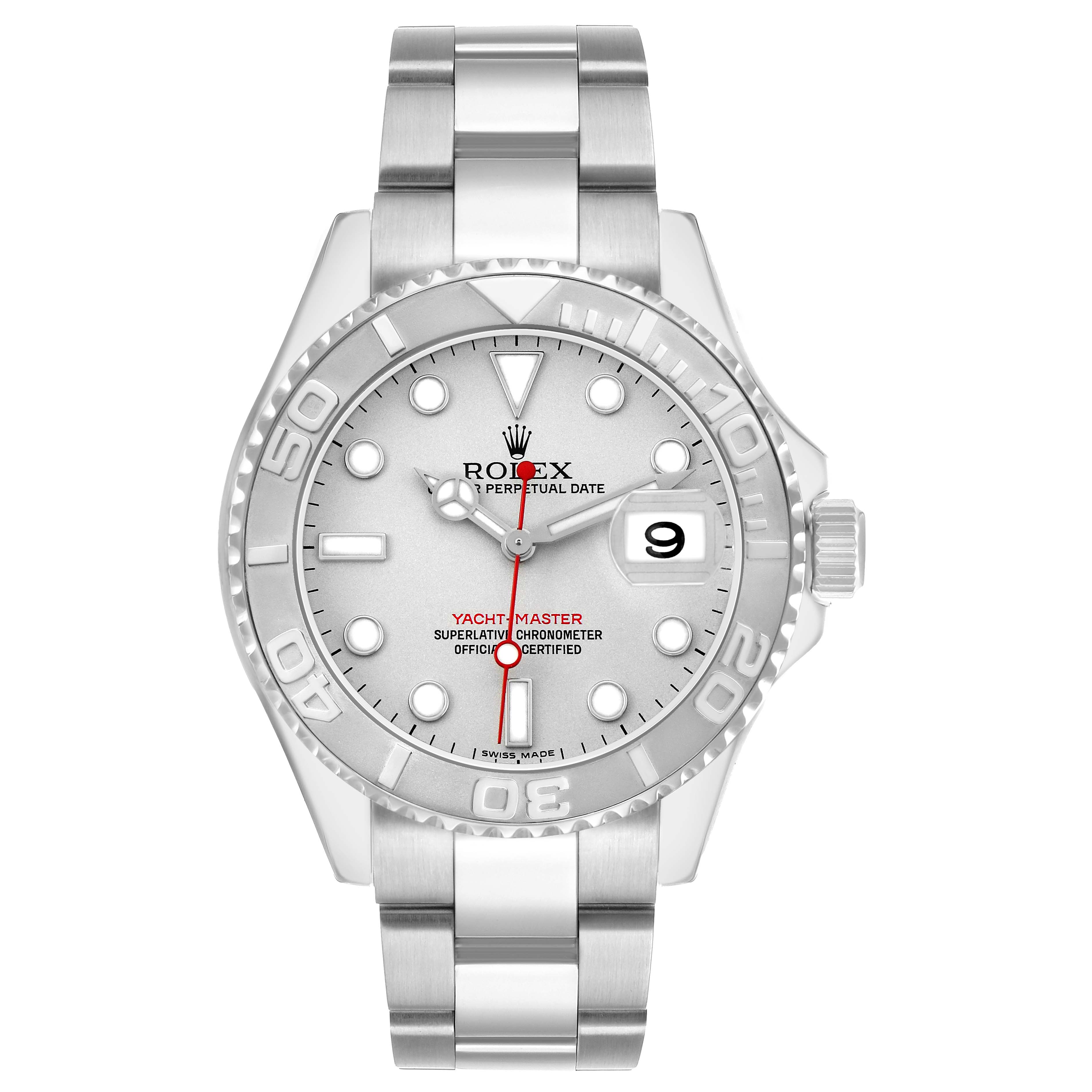 The image shows a front view of the Rolex Yacht-Master 16622 Men's Stainless Steel Grey Dial watch, highlighting its dial, bezel, and bracelet.