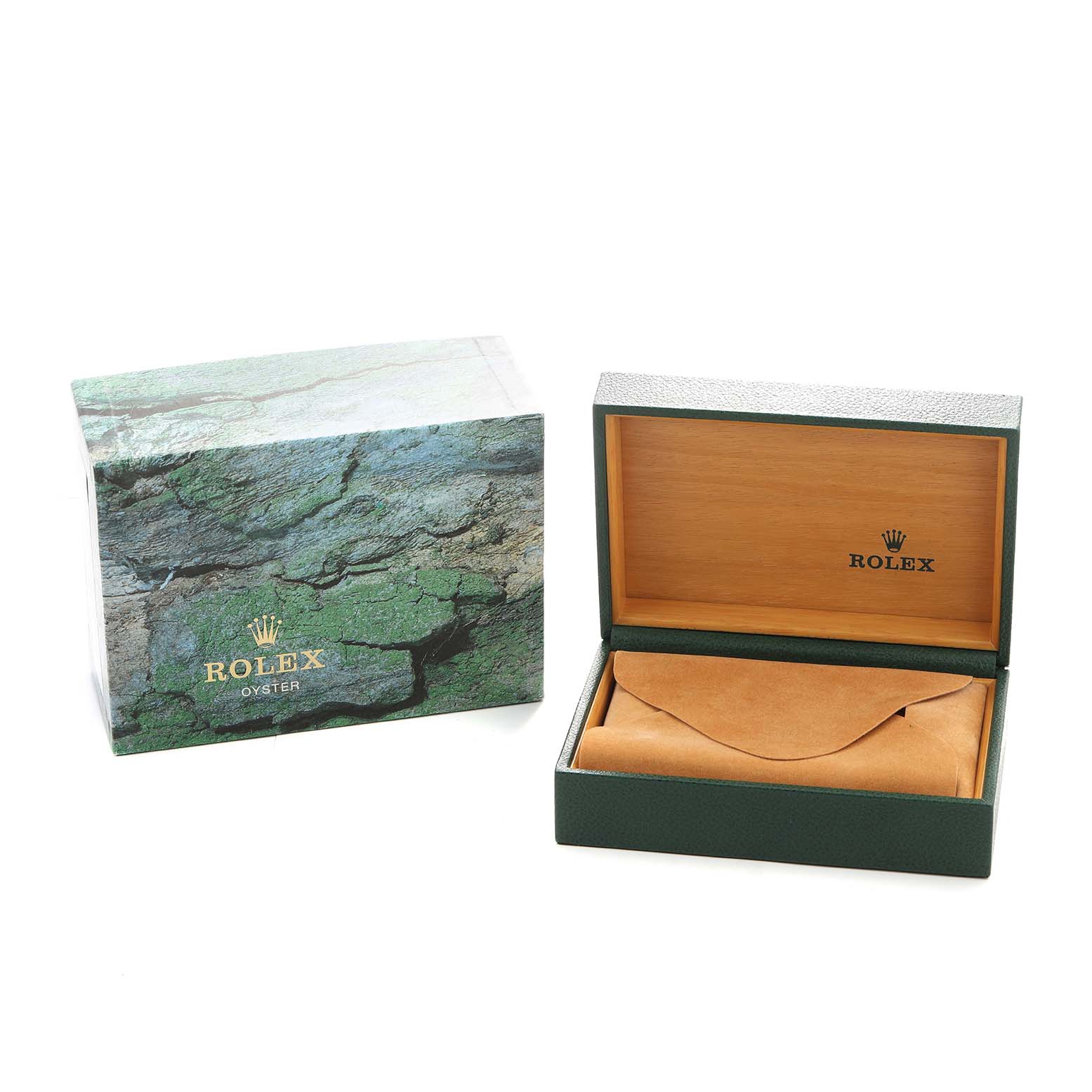 The image shows a Rolex Yacht-Master 16622 Men's Stainless Steel Grey Dial packaging box and an open watch case with a pouch inside.