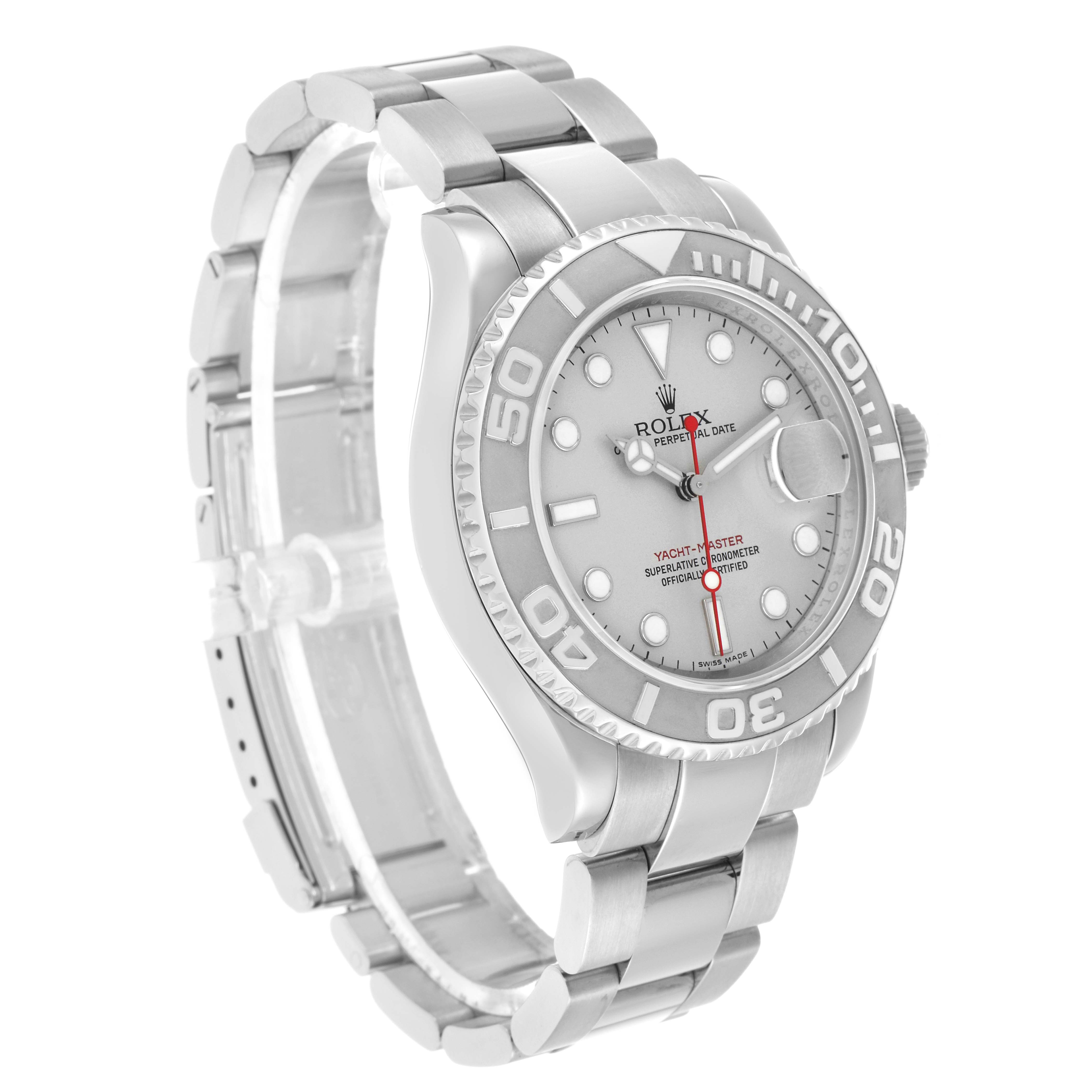 The Rolex Yacht-Master 16622 Men's Stainless Steel Grey Dial watch is shown at a three-quarter angle, displaying the bezel, dial, bracelet, and crown.