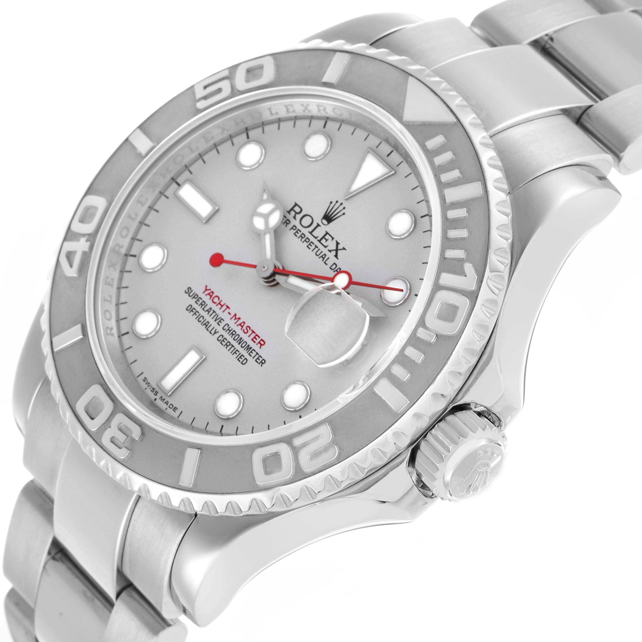 The Rolex Yacht-Master 16622 Men's Stainless Steel Grey Dial watch is shown from a three-quarter angle, highlighting the bezel, dial, bracelet, and crown.