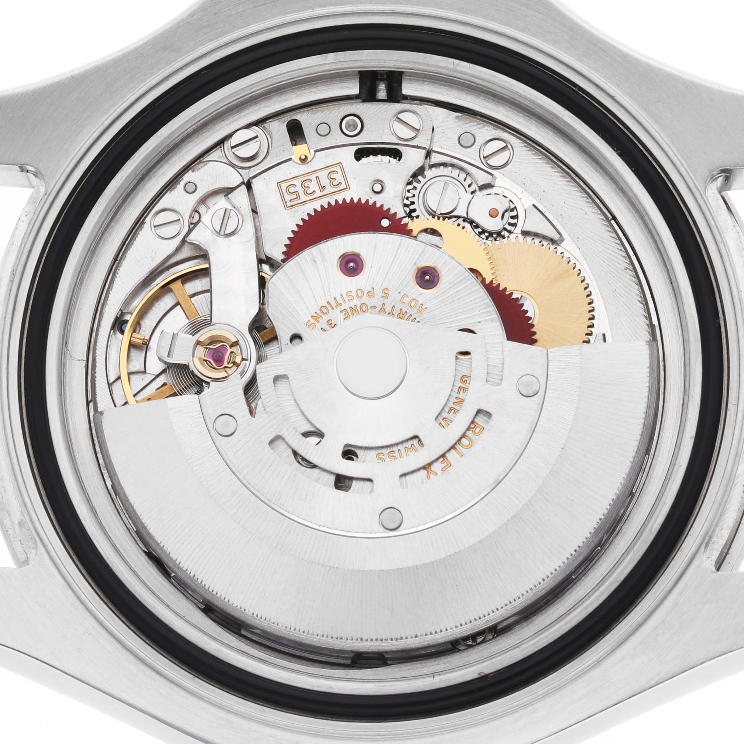 The image shows the movement mechanism of a Rolex Yacht-Master 16622 Men's Stainless Steel Grey Dial watch from a rear view angle.