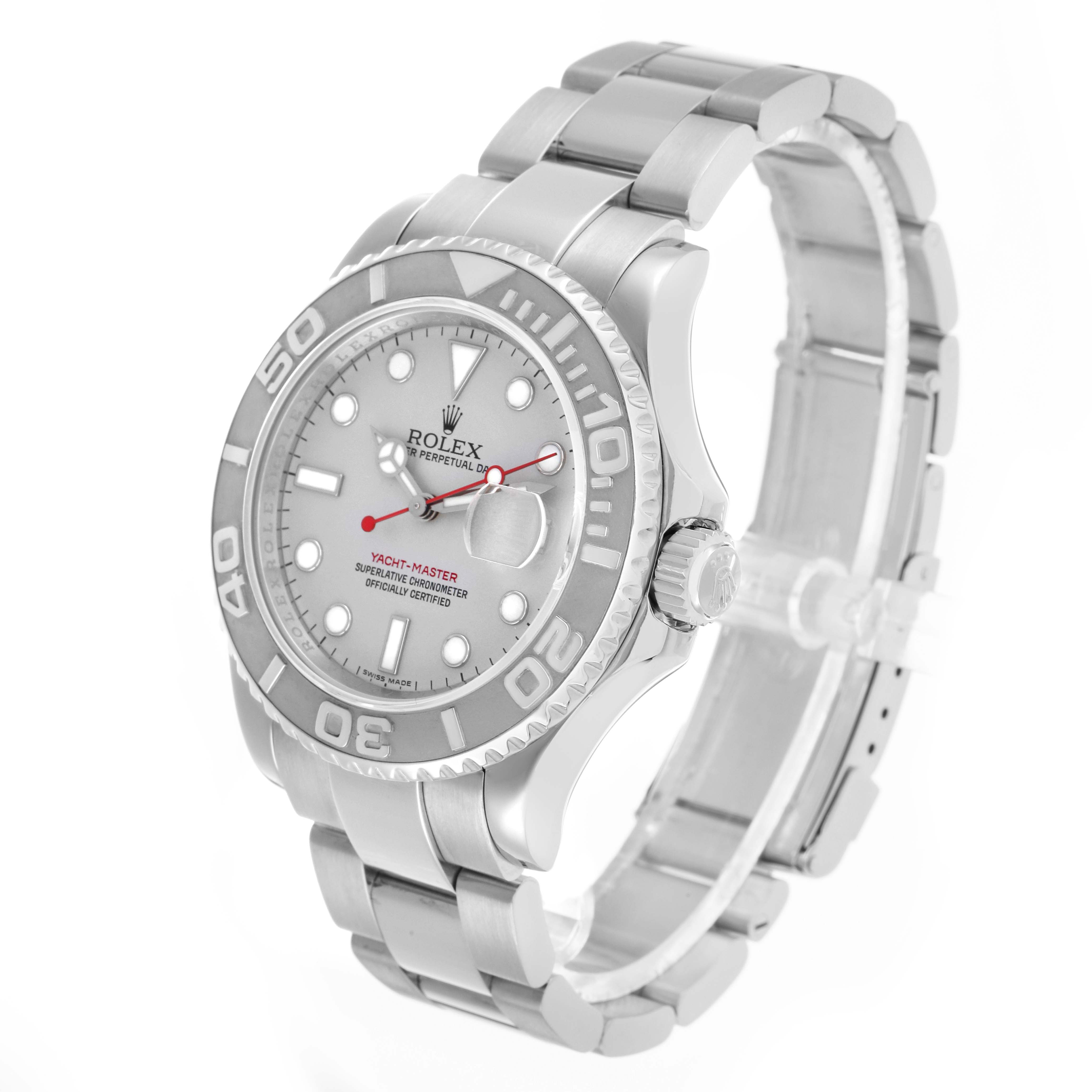The Rolex Yacht-Master 16622 Men's Stainless Steel Grey Dial watch is shown at an angled view highlighting the dial, bezel, bracelet, and crown.