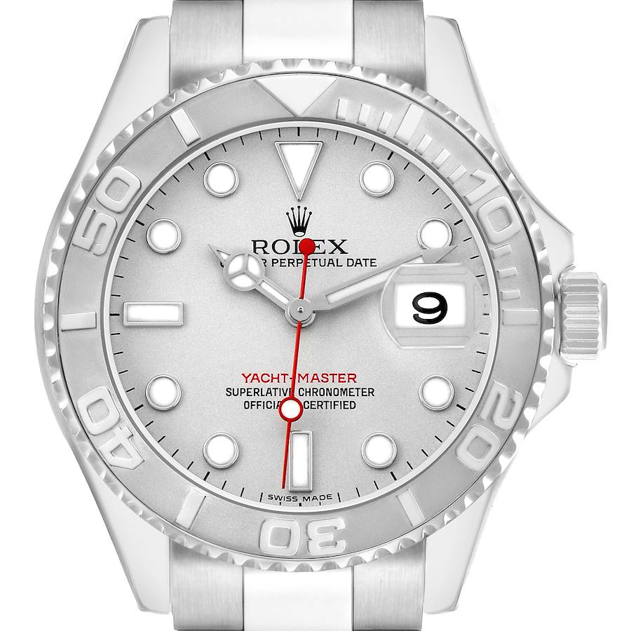 The Rolex Yacht-Master 16622 Men's Stainless Steel Grey Dial watch is shown from a front angle, highlighting the dial, bezel, date window, and part of the bracelet.