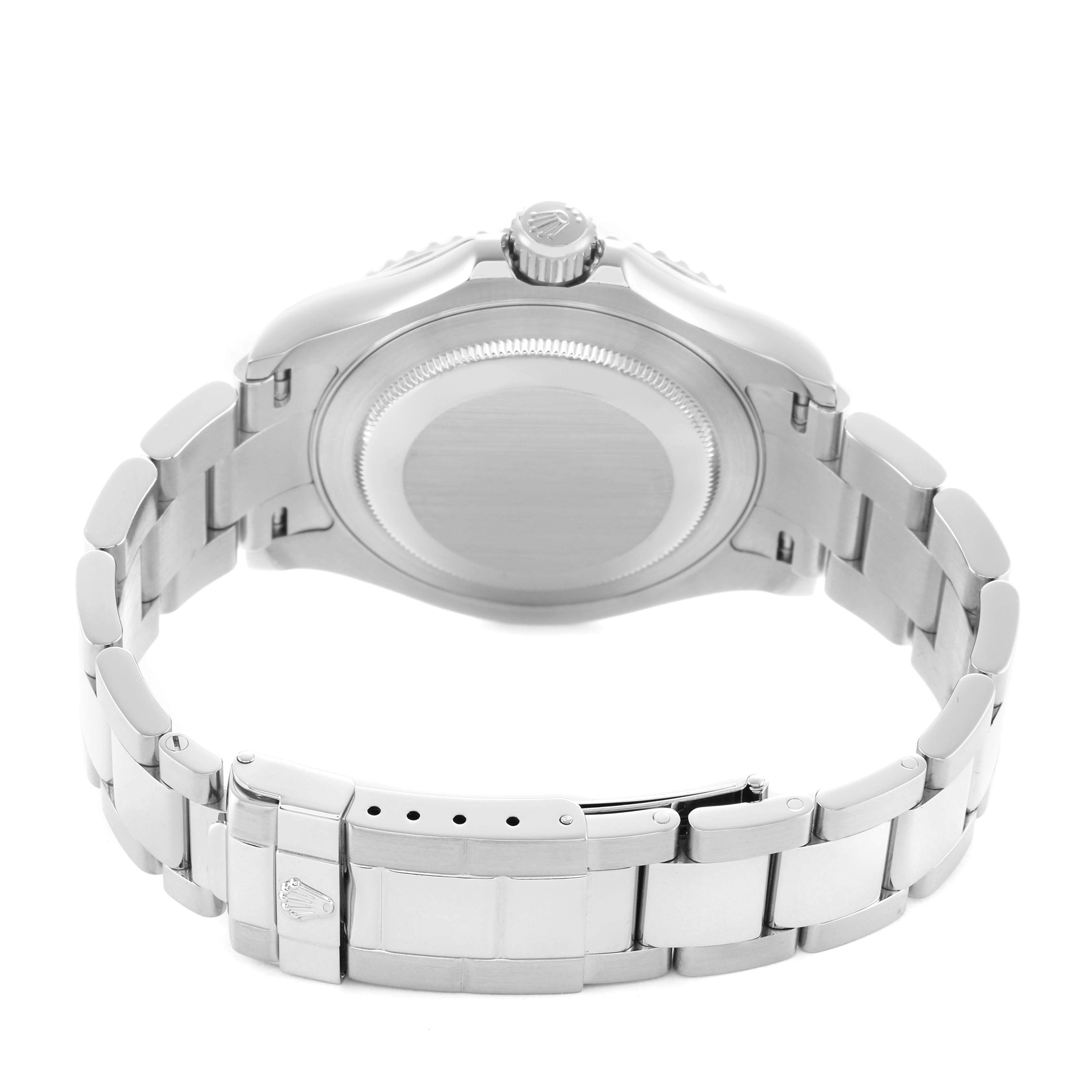 The image shows the bracelet, clasp, case back, and crown of the Rolex Yacht-Master 16622 Men's Stainless Steel Grey Dial watch from a rear angle.