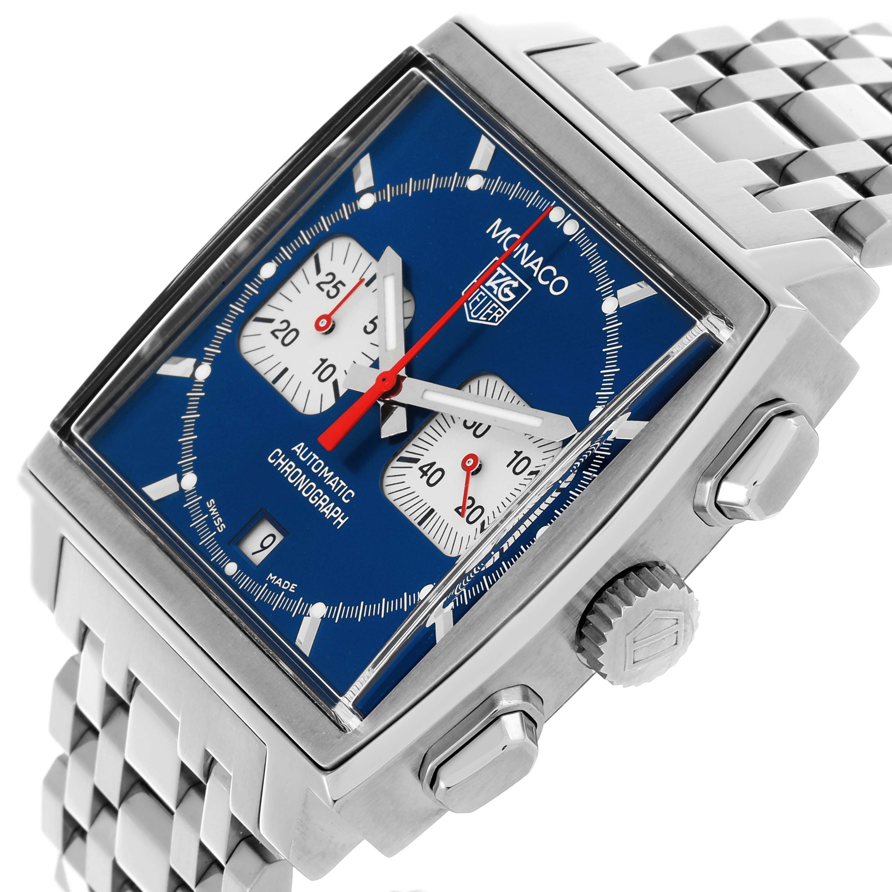 The Tag Heuer Monaco CW2113.BA0780 Men's Stainless Steel Blue Dial CW2113.BA0780 Men's Stainless Steel Blue Dial watch is shown at an angled view, highlighting the face, side buttons, and bracelet.