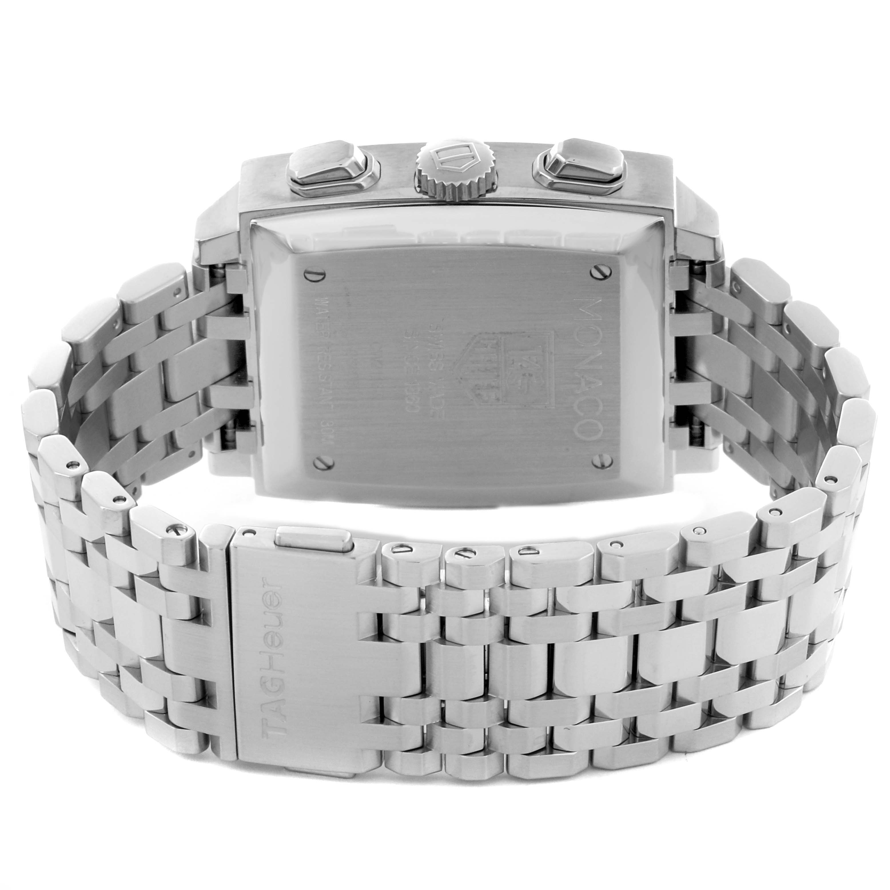 The image shows the back and clasp of a Tag Heuer Monaco CW2113.BA0780 Men's Stainless Steel Blue Dial CW2113.BA0780 Men's Stainless Steel Blue Dial watch at a rear angle.