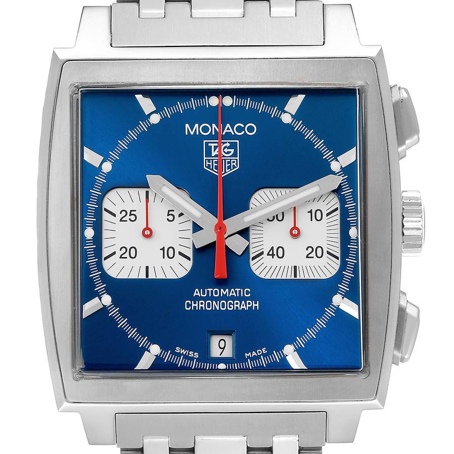 The Tag Heuer Monaco watch is shown from the front, highlighting the square face, chronograph dials, and date window.