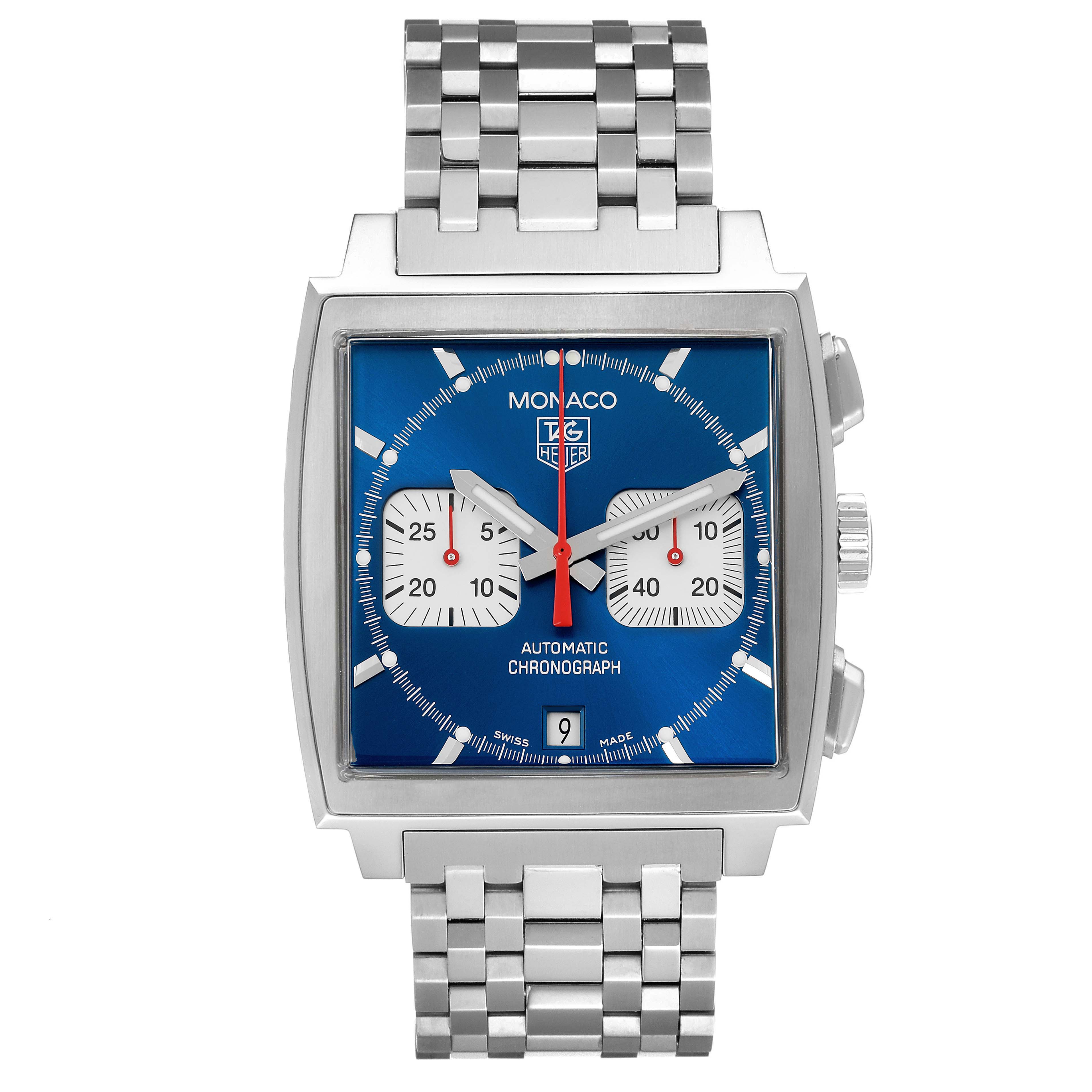 The Tag Heuer Monaco CW2113.BA0780 Men's Stainless Steel Blue Dial CW2113.BA0780 Men's Stainless Steel Blue Dial watch is shown from the front, displaying the dial, case, and metal bracelet.