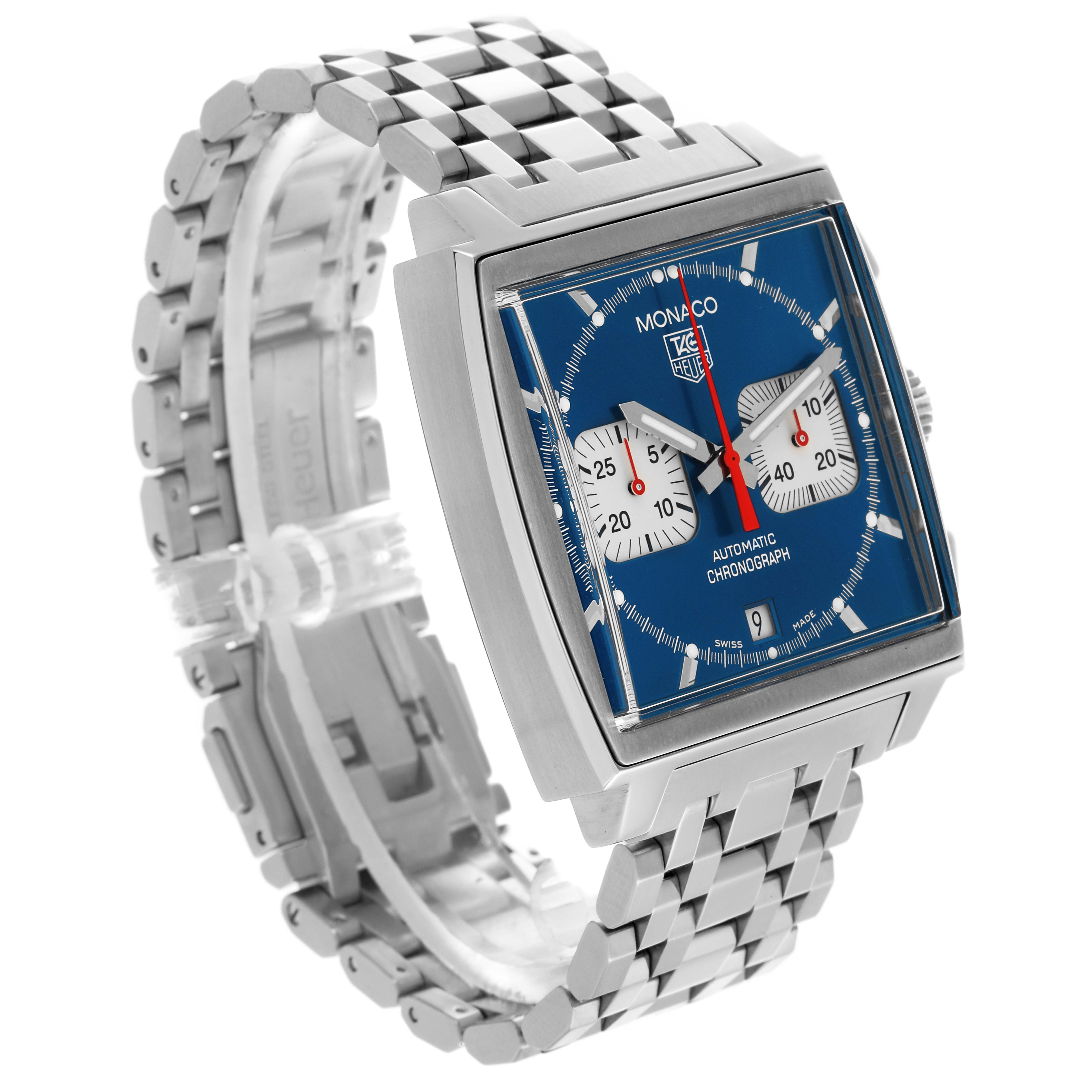 The Tag Heuer Monaco CW2113.BA0780 Men's Stainless Steel Blue Dial CW2113.BA0780 Men's Stainless Steel Blue Dial watch is shown at a three-quarter angle, highlighting its square dial, bracelet, and side profile.
