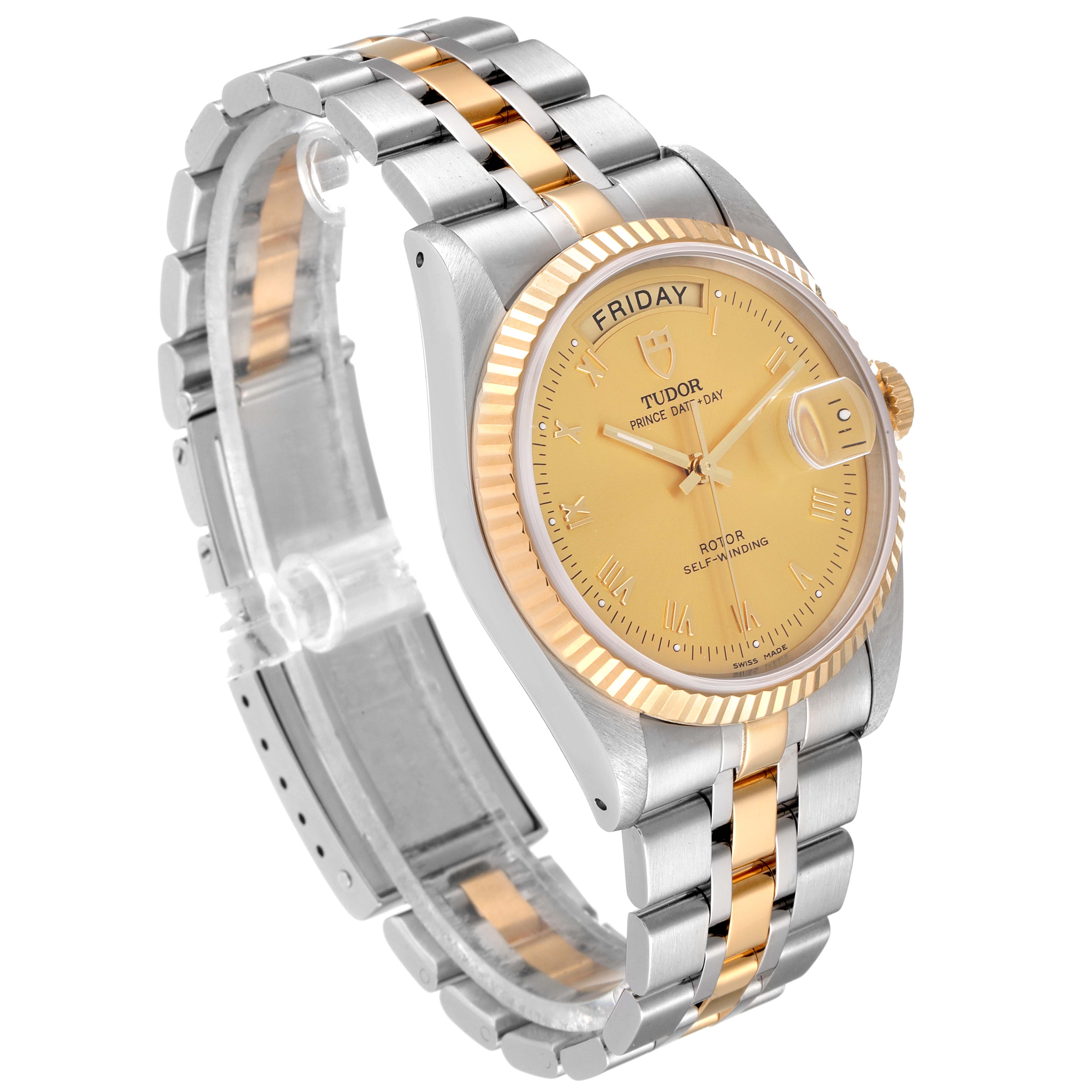 The Tudor Prince 76213 Men's Steel and Gold (two tone) Champagne Dial 76213 Men's Steel and Gold (two tone) Champagne Dial model watch is angled to show its face, bezel, crown, and bracelet with a two-tone design.