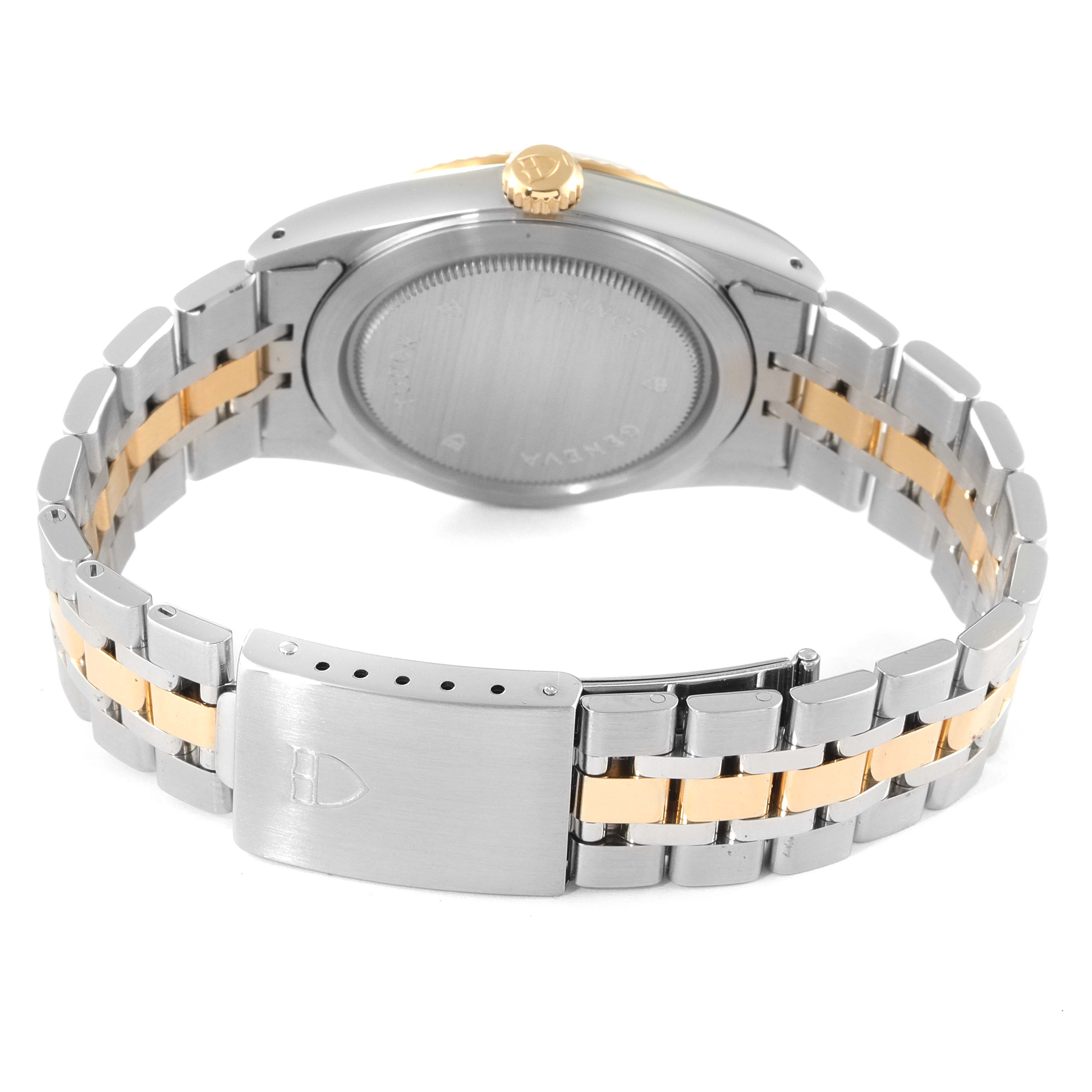 This image shows the back case, crown, and metal bracelet of a Tudor Prince 76213 Men's Steel and Gold (two tone) Champagne Dial 76213 Men's Steel and Gold (two tone) Champagne Dial watch.