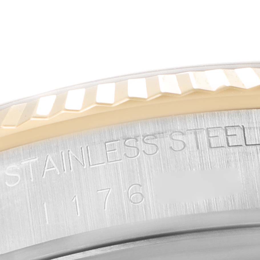 This close-up angle shows the engraved markings and fluted bezel of the Tudor Prince 76213 Men's Steel and Gold (two tone) Champagne Dial 76213 Men's Steel and Gold (two tone) Champagne Dial model watch.