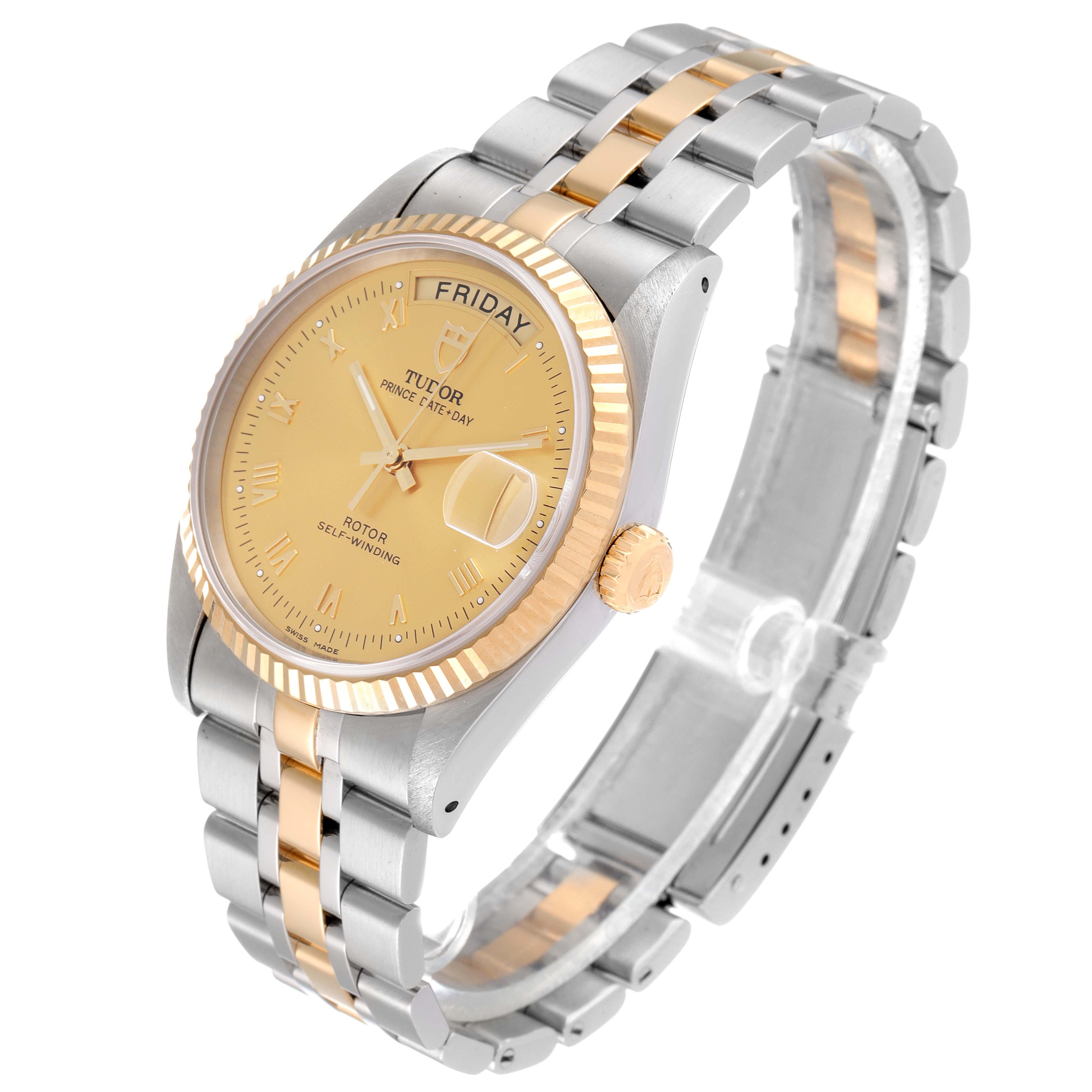 The Tudor Prince 76213 Men's Steel and Gold (two tone) Champagne Dial 76213 Men's Steel and Gold (two tone) Champagne Dial model watch is shown at a three-quarter angle, highlighting the dial, bezel, case, and bracelet.