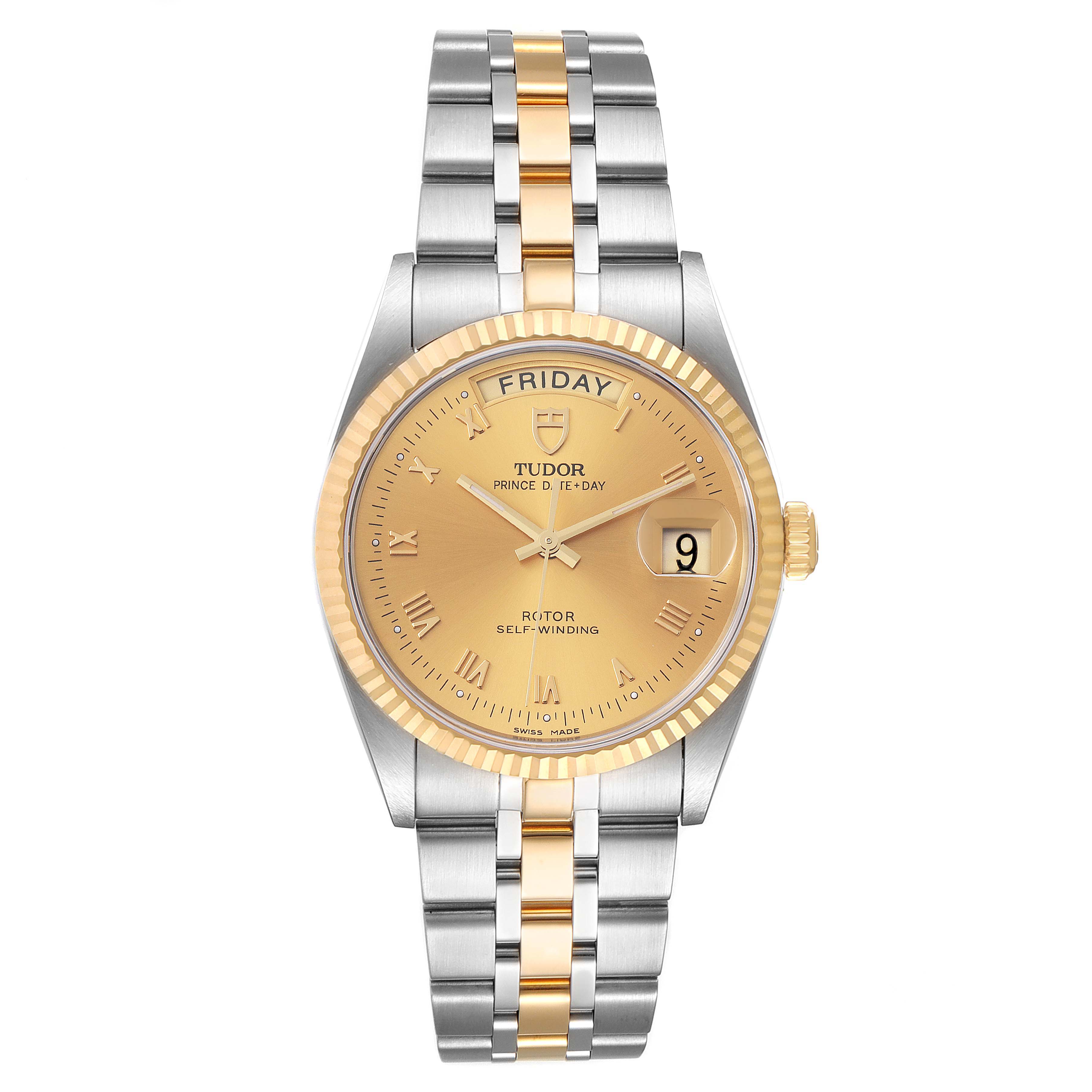 The image shows a front view of a Tudor Prince 76213 Men's Steel and Gold (two tone) Champagne Dial 76213 Men's Steel and Gold (two tone) Champagne Dial model watch with a gold and silver bracelet, featuring day and date display.