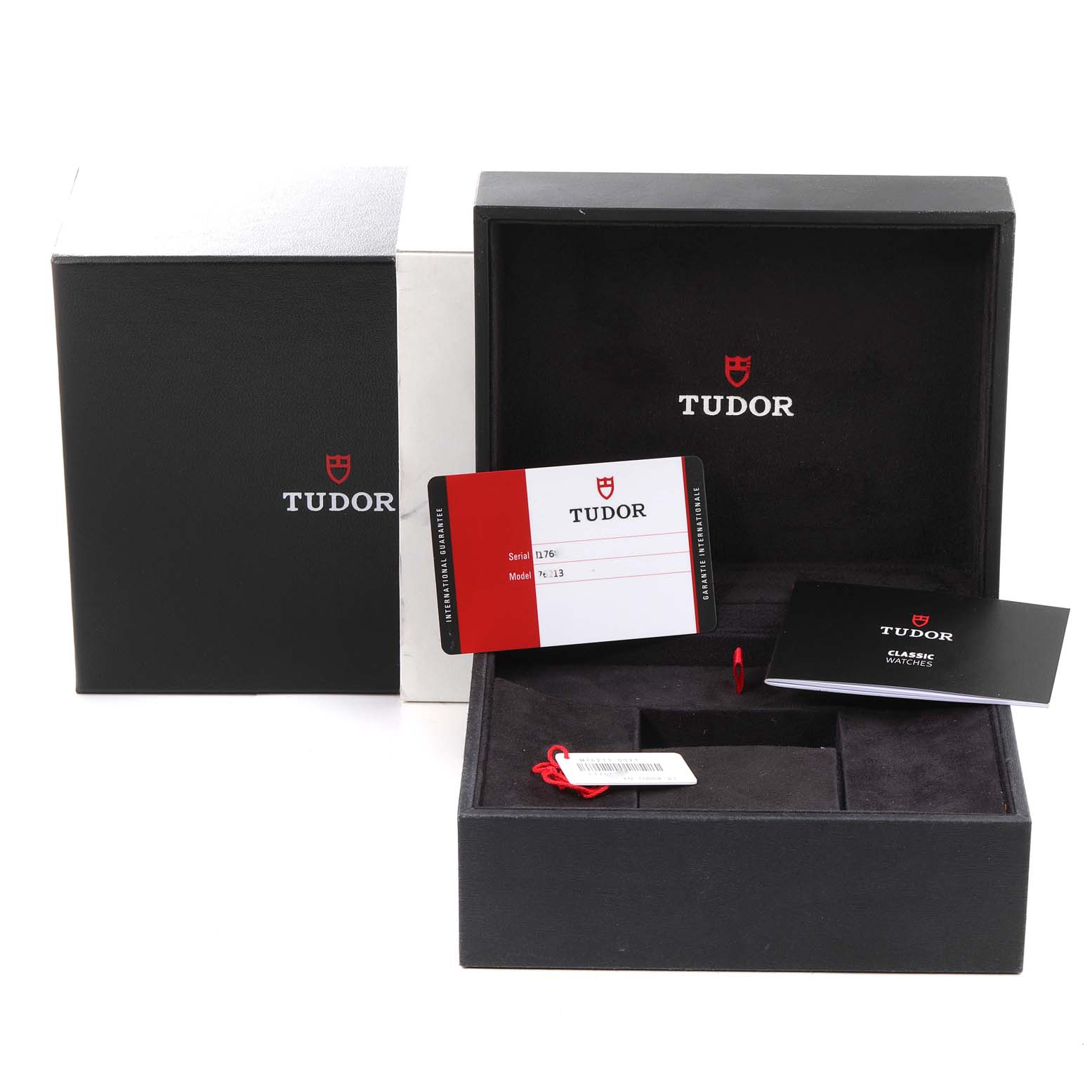 The image shows the packaging, warranty card, and booklet for a Tudor Prince 76213 Men's Steel and Gold (two tone) Champagne Dial 76213 Men's Steel and Gold (two tone) Champagne Dial watch, but not the watch itself.