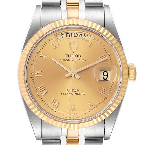Photo of Tudor Day Date Champagne Dial Steel Yellow Gold Mens Watch 76213 Box Card