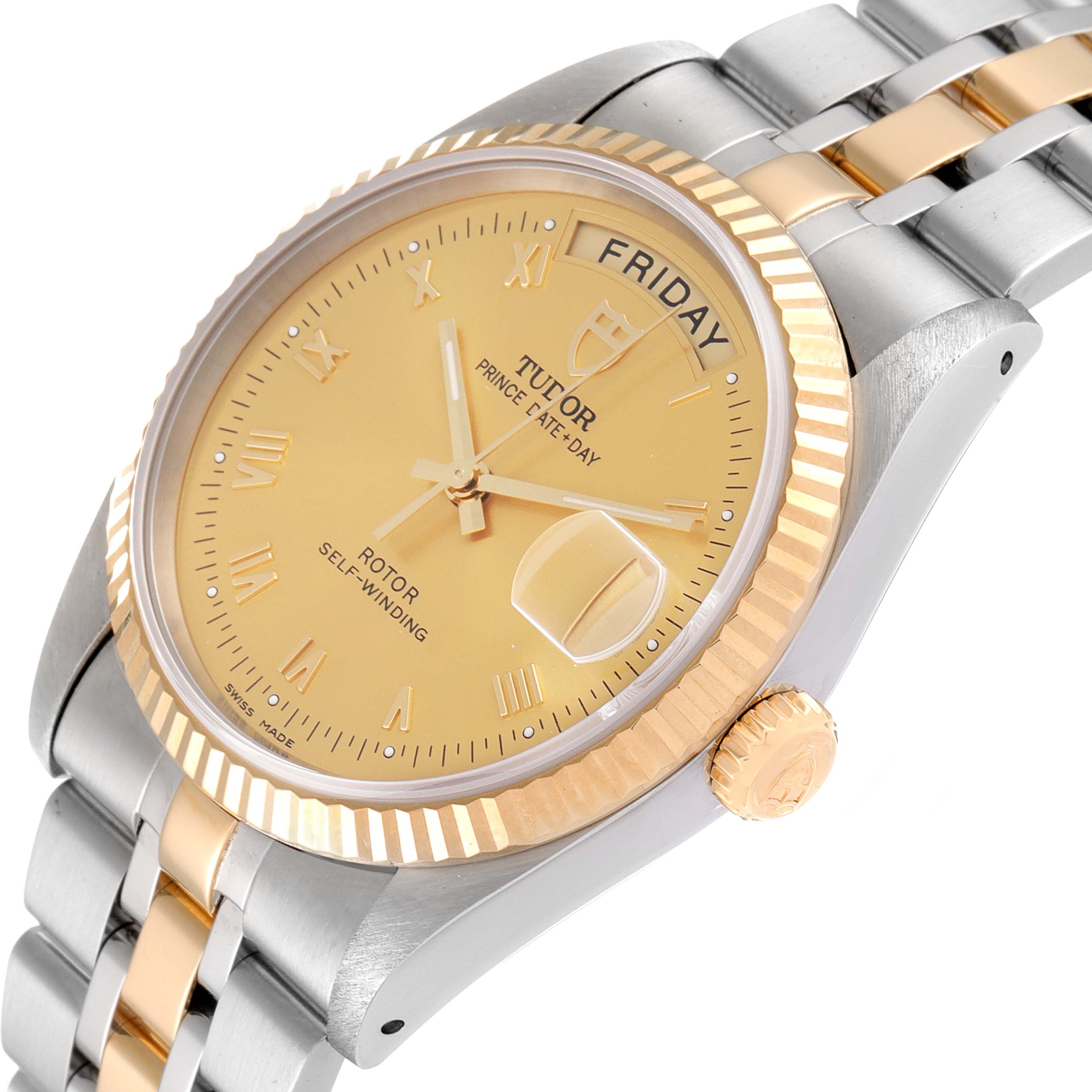 The image shows a Tudor Prince 76213 Men's Steel and Gold (two tone) Champagne Dial 76213 Men's Steel and Gold (two tone) Champagne Dial model watch angled to display the watch face, bezel, crown, and part of the bracelet.