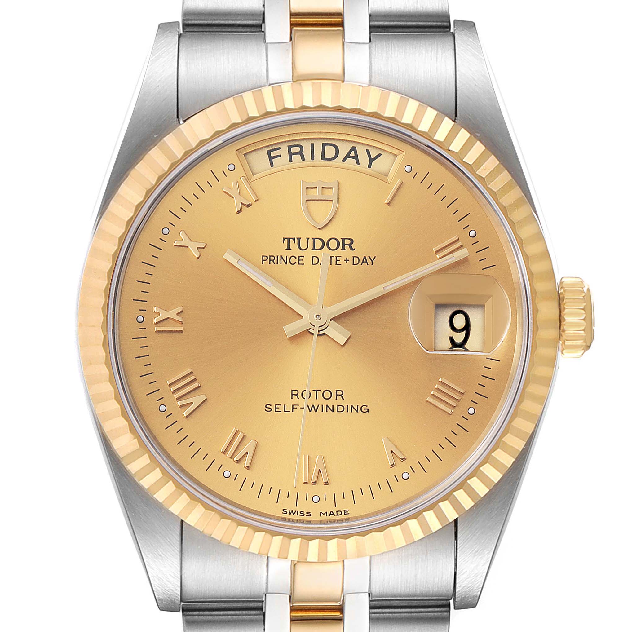 This image shows a front view of the Tudor Prince 76213 Men's Steel and Gold (two tone) Champagne Dial 76213 Men's Steel and Gold (two tone) Champagne Dial model watch, featuring its dial, day-date display, bezel, and part of the bracelet.