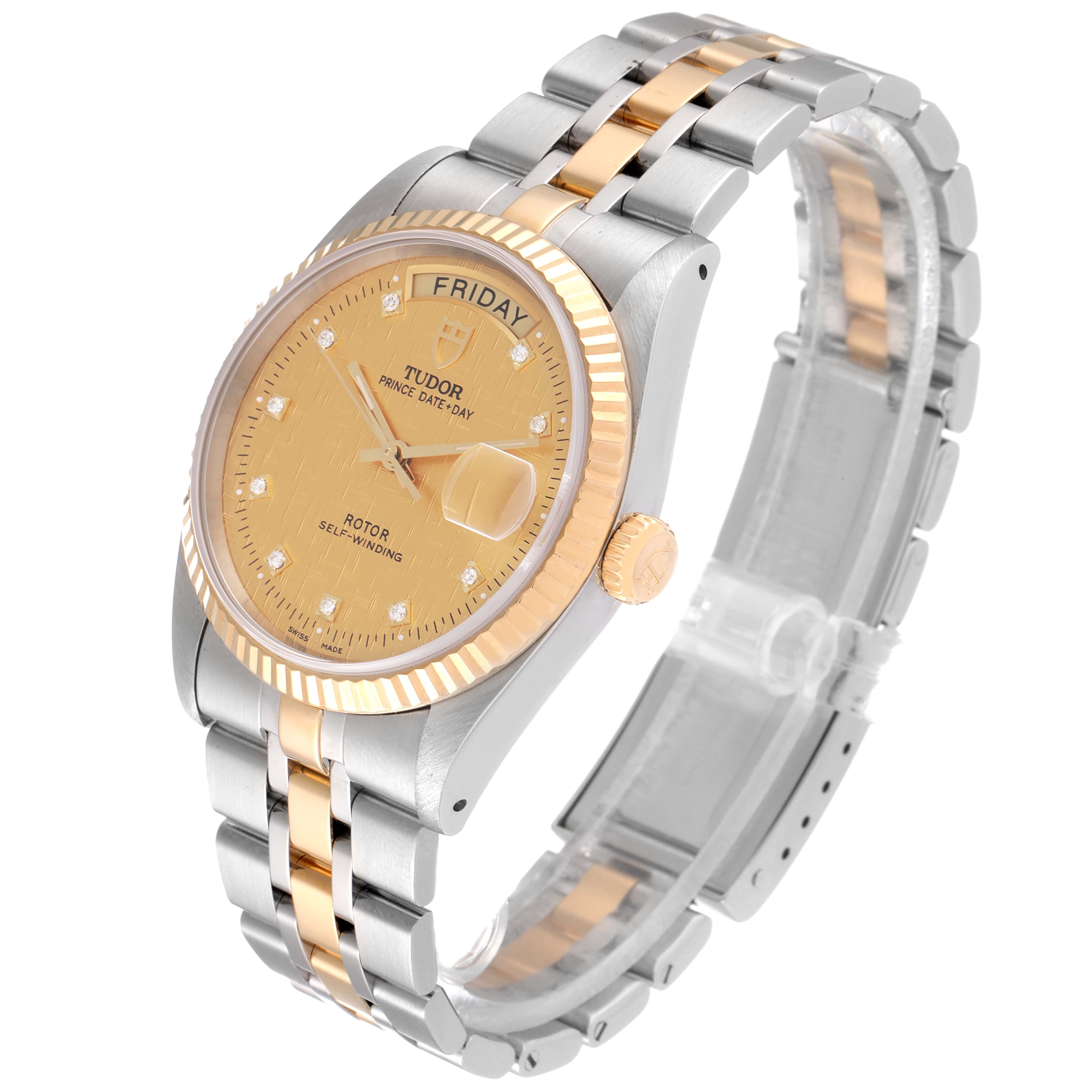 This Tudor Prince 76213 Men's Steel and Gold (two tone) Champagne Dial 76213 Men's Steel and Gold (two tone) Champagne Dial model watch is shown at an angled view displaying its face, bezel, and linked bracelet.