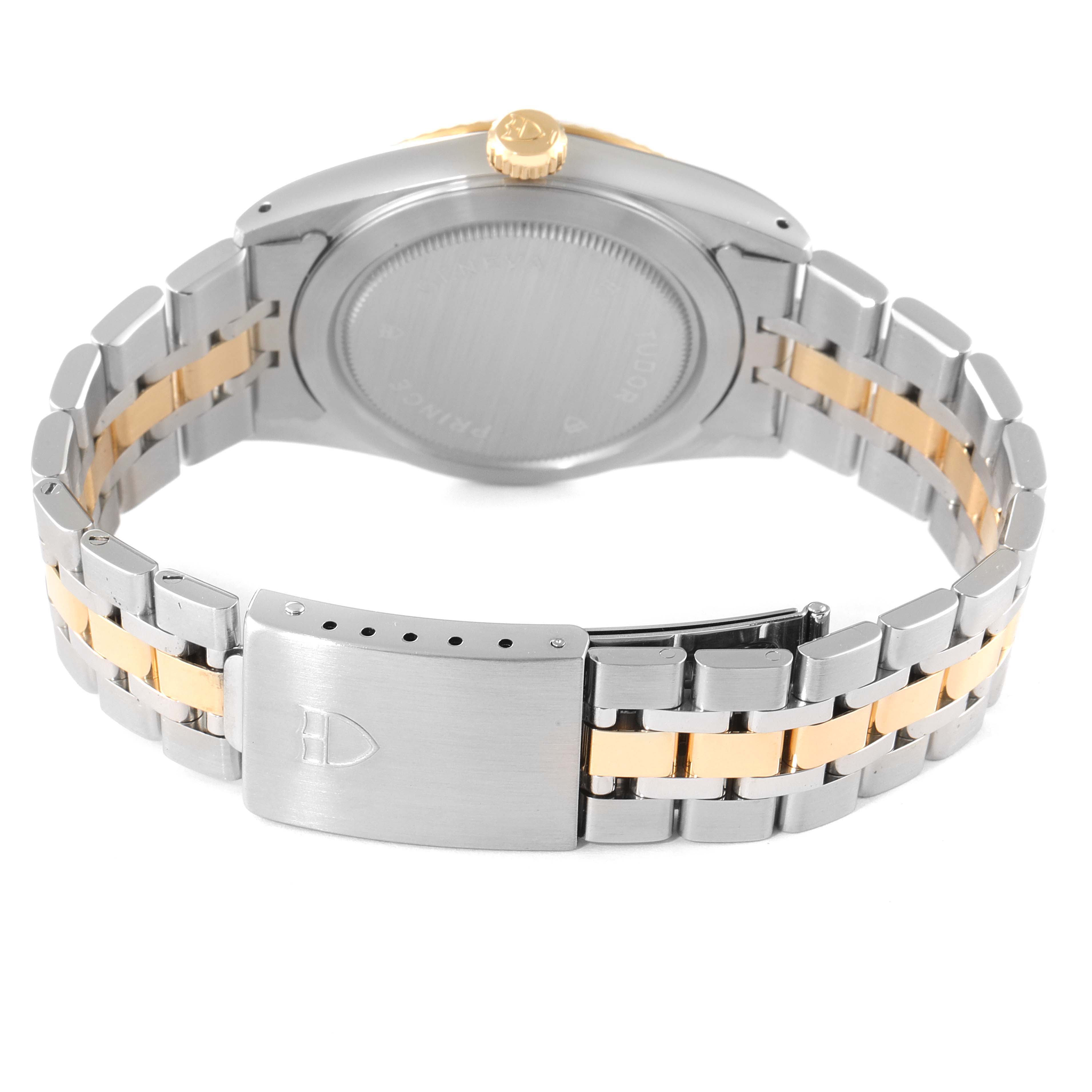 This image shows the back case, crown, and bracelet clasp of the Tudor Prince 76213 Men's Steel and Gold (two tone) Champagne Dial 76213 Men's Steel and Gold (two tone) Champagne Dial model watch.
