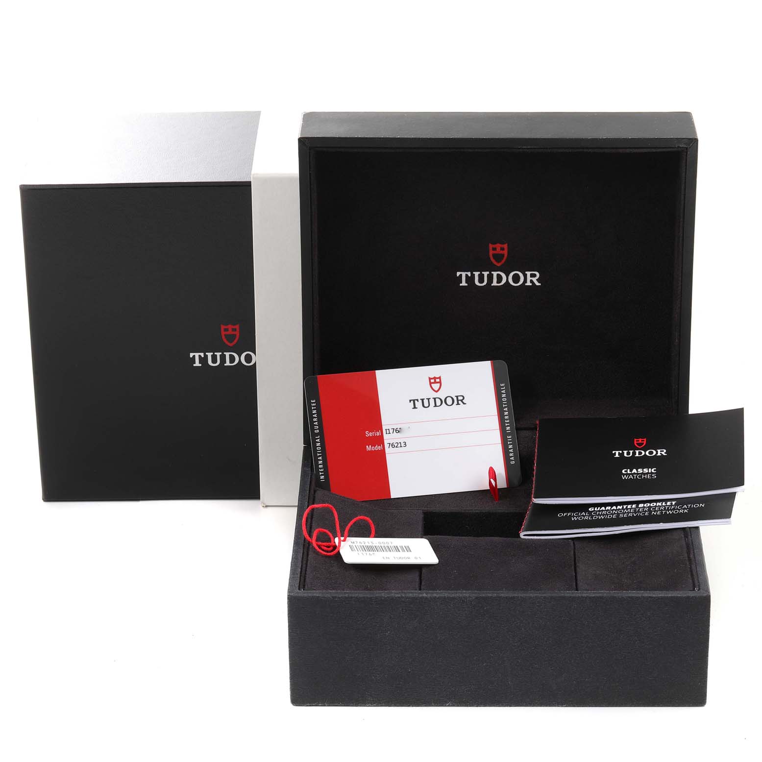 The image shows the packaging, warranty cards, and tags for a Tudor Prince 76213 Men's Steel and Gold (two tone) Champagne Dial 76213 Men's Steel and Gold (two tone) Champagne Dial model watch.