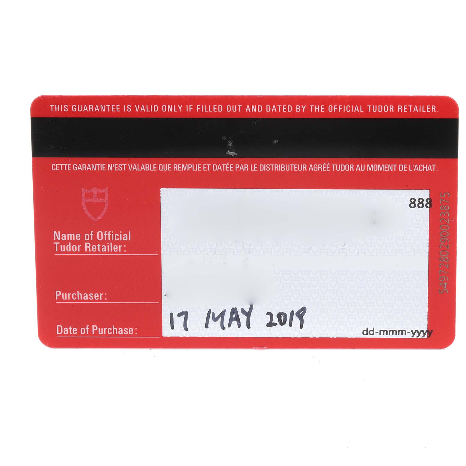 The image shows a warranty card for the Tudor Prince 76213 Men's Steel and Gold (two tone) Champagne Dial 76213 Men's Steel and Gold (two tone) Champagne Dial model watch, filled with purchase date and retailer details.