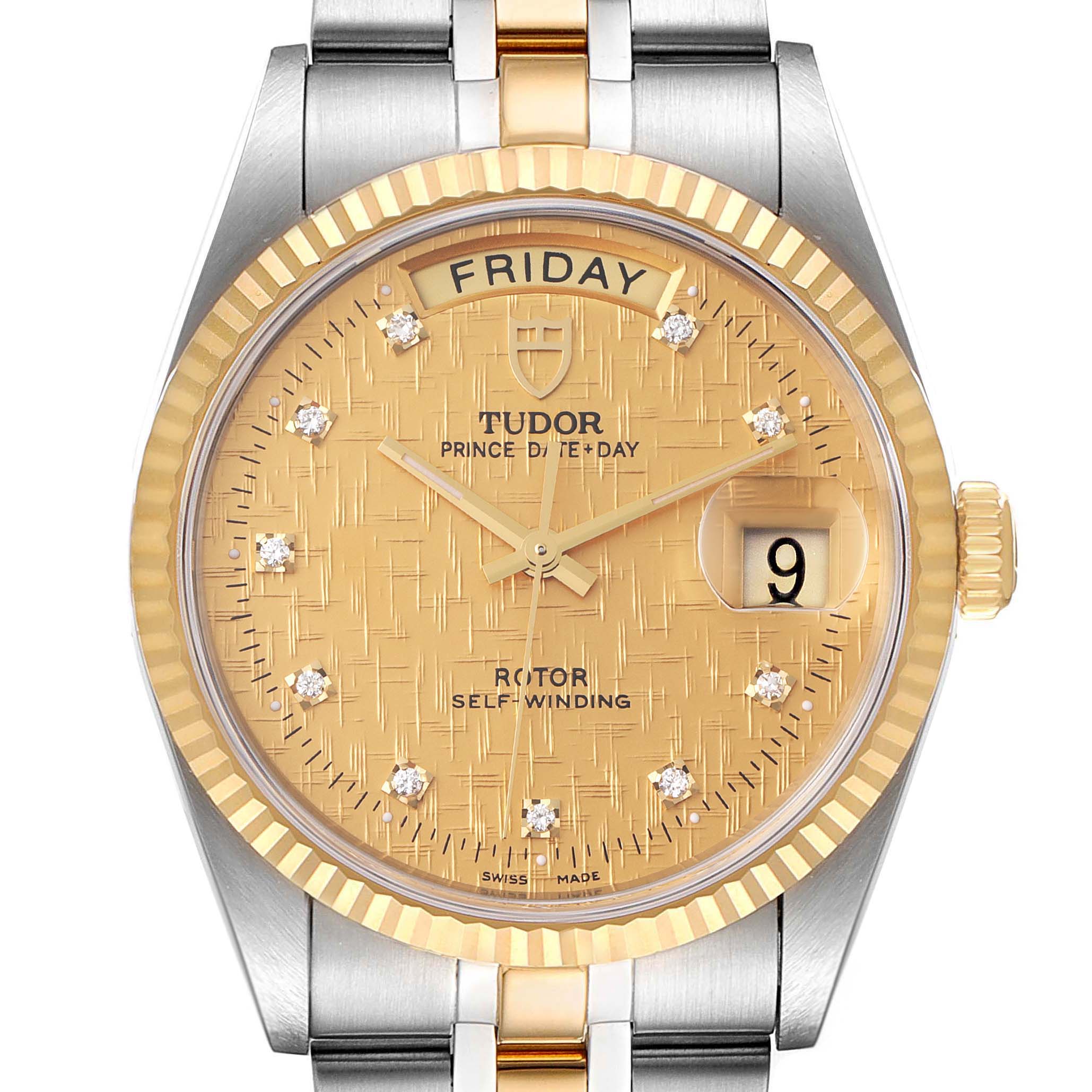 The image shows the front view of a Tudor Prince 76213 Men's Steel and Gold (two tone) Champagne Dial 76213 Men's Steel and Gold (two tone) Champagne Dial Date-Day watch, showcasing the dial, hands, and part of the bracelet.