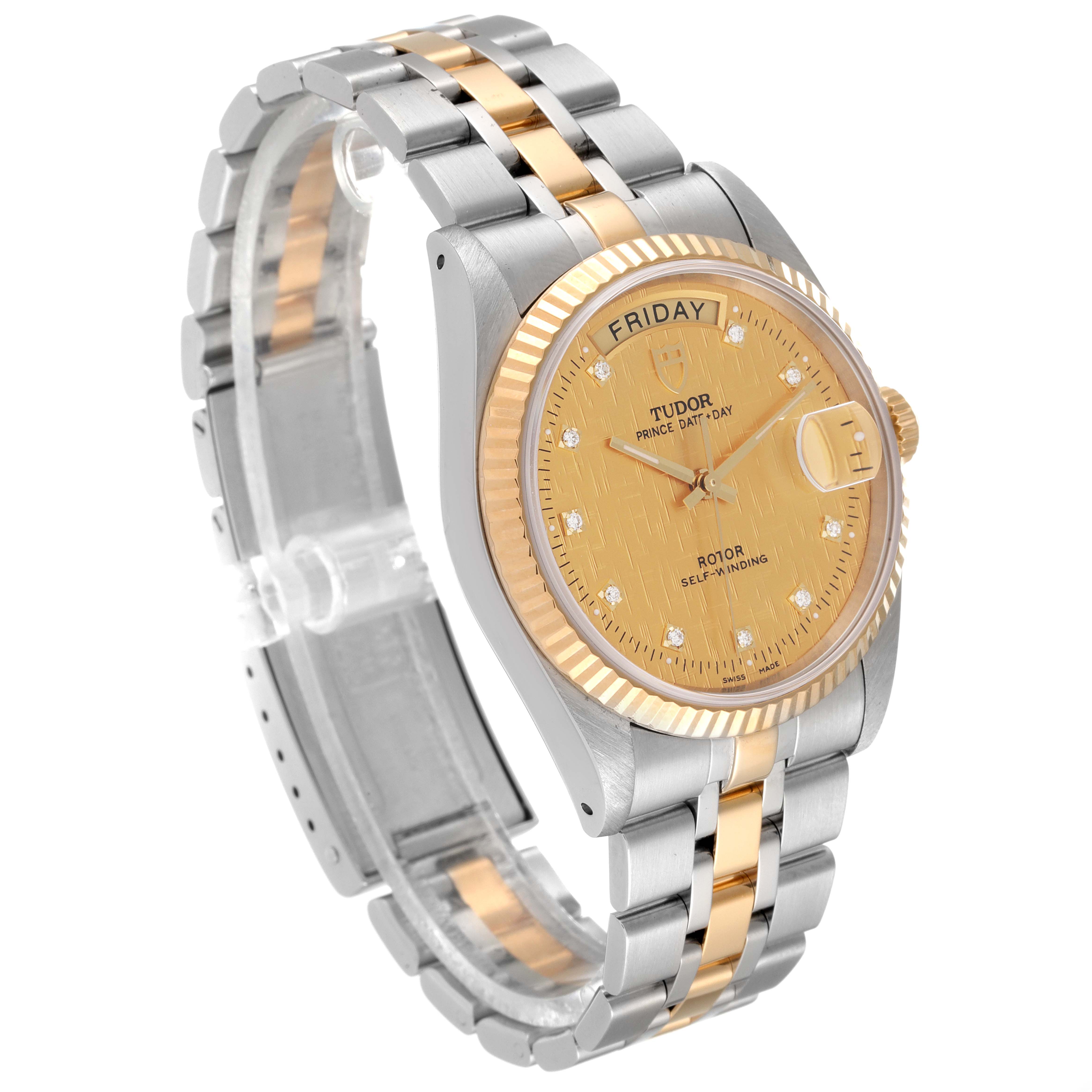 The image shows the Tudor Prince 76213 Men's Steel and Gold (two tone) Champagne Dial 76213 Men's Steel and Gold (two tone) Champagne Dial model watch at a three-quarter angle, highlighting the dial, bezel, and two-tone bracelet.