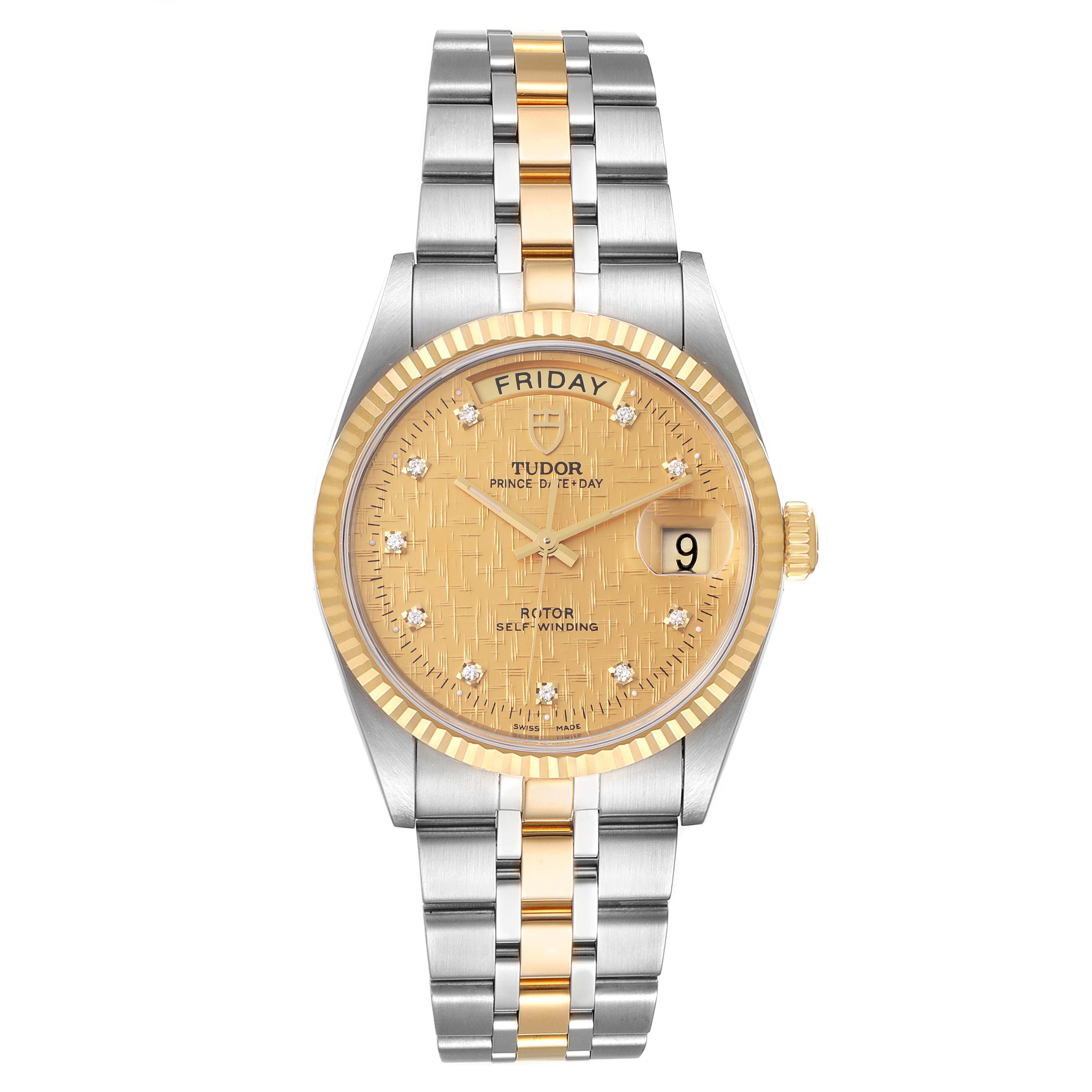 The image shows the Tudor Prince 76213 Men's Steel and Gold (two tone) Champagne Dial 76213 Men's Steel and Gold (two tone) Champagne Dial watch from a top view, highlighting the dial, bezel, and bracelet.