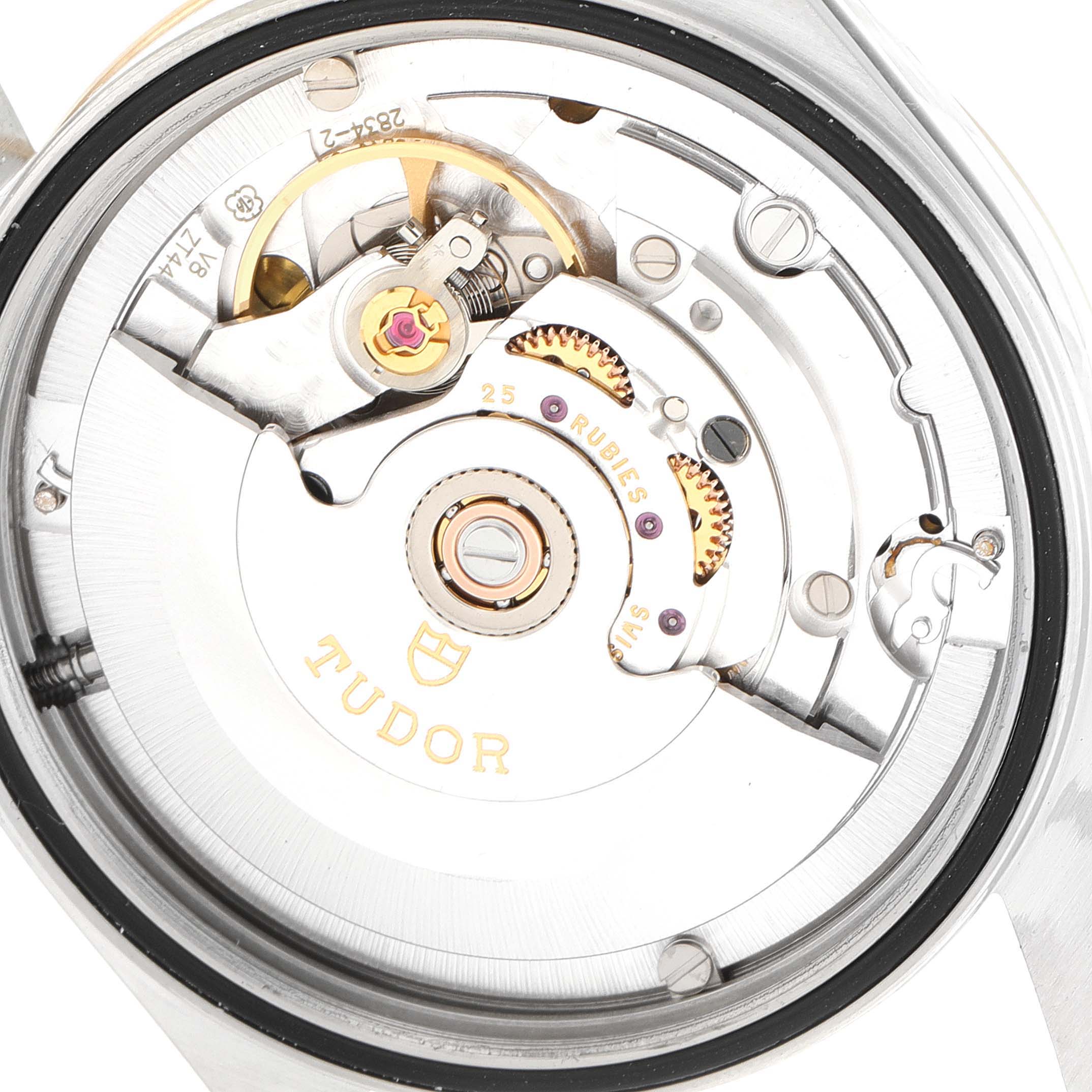 This image shows a close-up view of the movement mechanism of a Tudor Prince 76213 Men's Steel and Gold (two tone) Silver Dial 76213 Men's Steel and Gold (two tone) Silver Dial model watch.