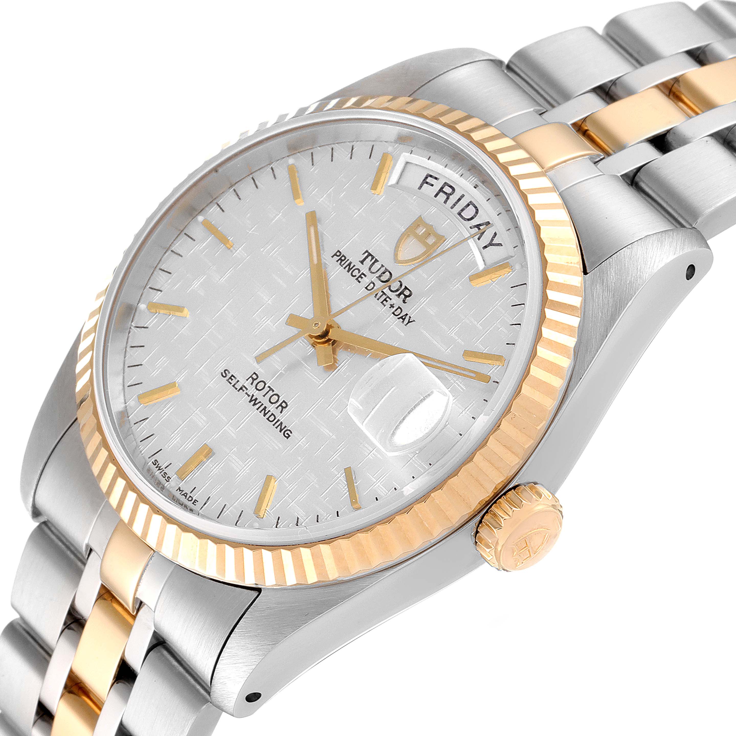 The image shows a Tudor Prince 76213 Men's Steel and Gold (two tone) Silver Dial 76213 Men's Steel and Gold (two tone) Silver Dial model watch at an angle, highlighting its dial, bezel, crown, and part of the bracelet.