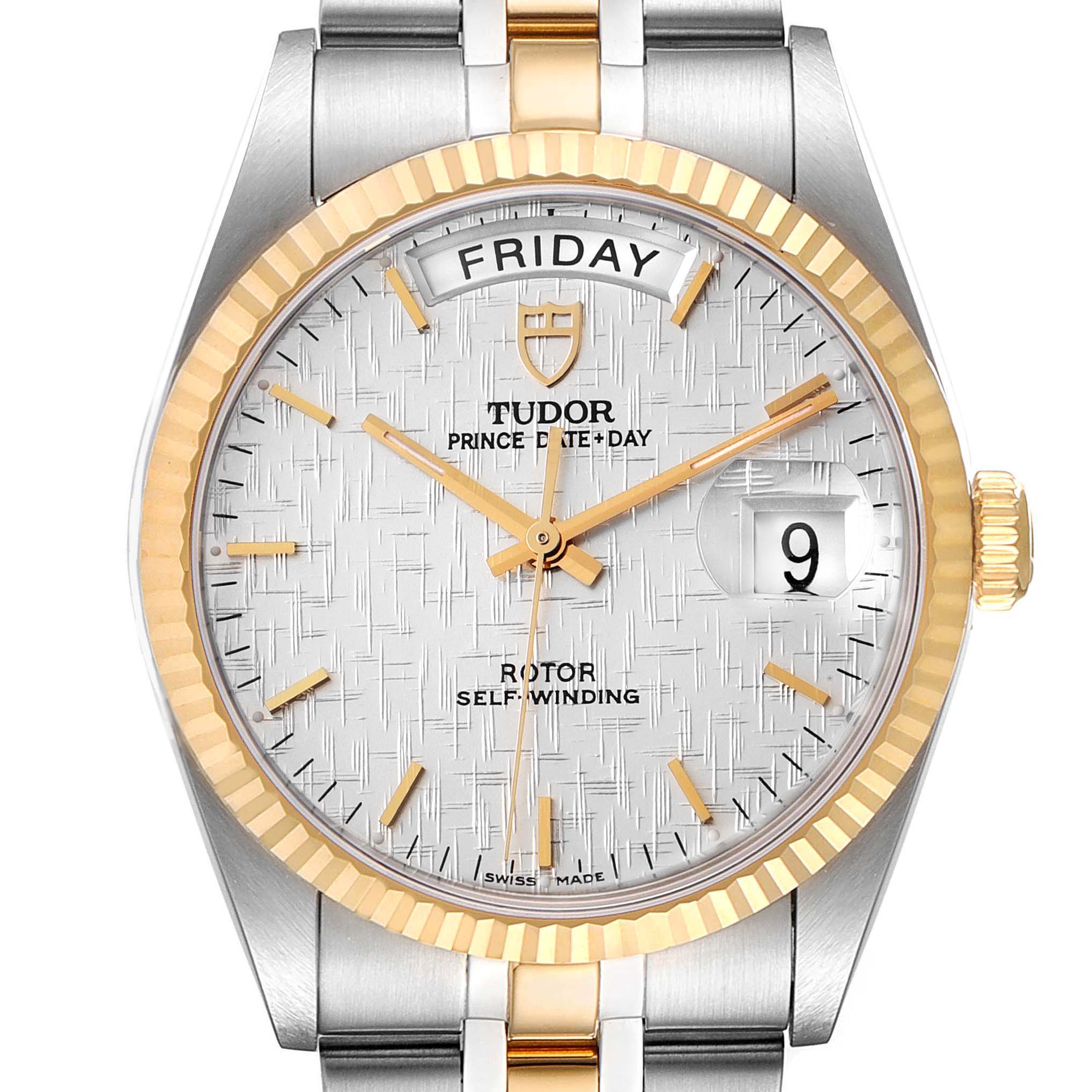 The image shows a front view of the Tudor Prince 76213 Men's Steel and Gold (two tone) Silver Dial 76213 Men's Steel and Gold (two tone) Silver Dial watch, displaying the face, bezel, crown, and part of the bracelet.