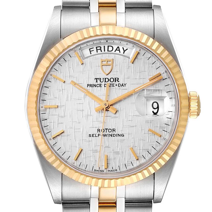 Tudor Day Date Steel Yellow Gold Silver Dial Mens Watch 76213 Box Card SwissWatchExpo
