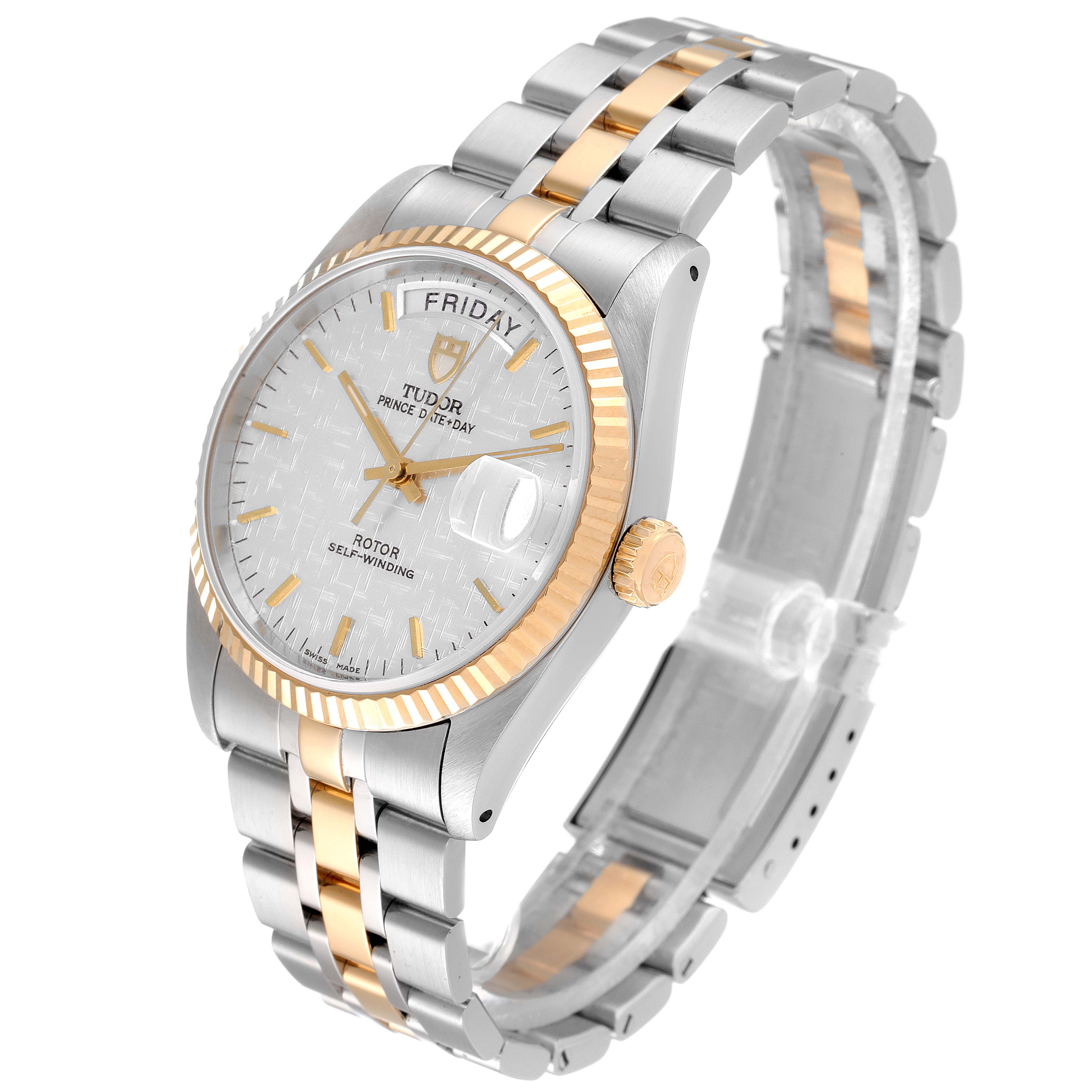The image shows a Tudor Prince 76213 Men's Steel and Gold (two tone) Silver Dial 76213 Men's Steel and Gold (two tone) Silver Dial watch model at a slight angle, highlighting the dial, case, crown, and two-tone bracelet.
