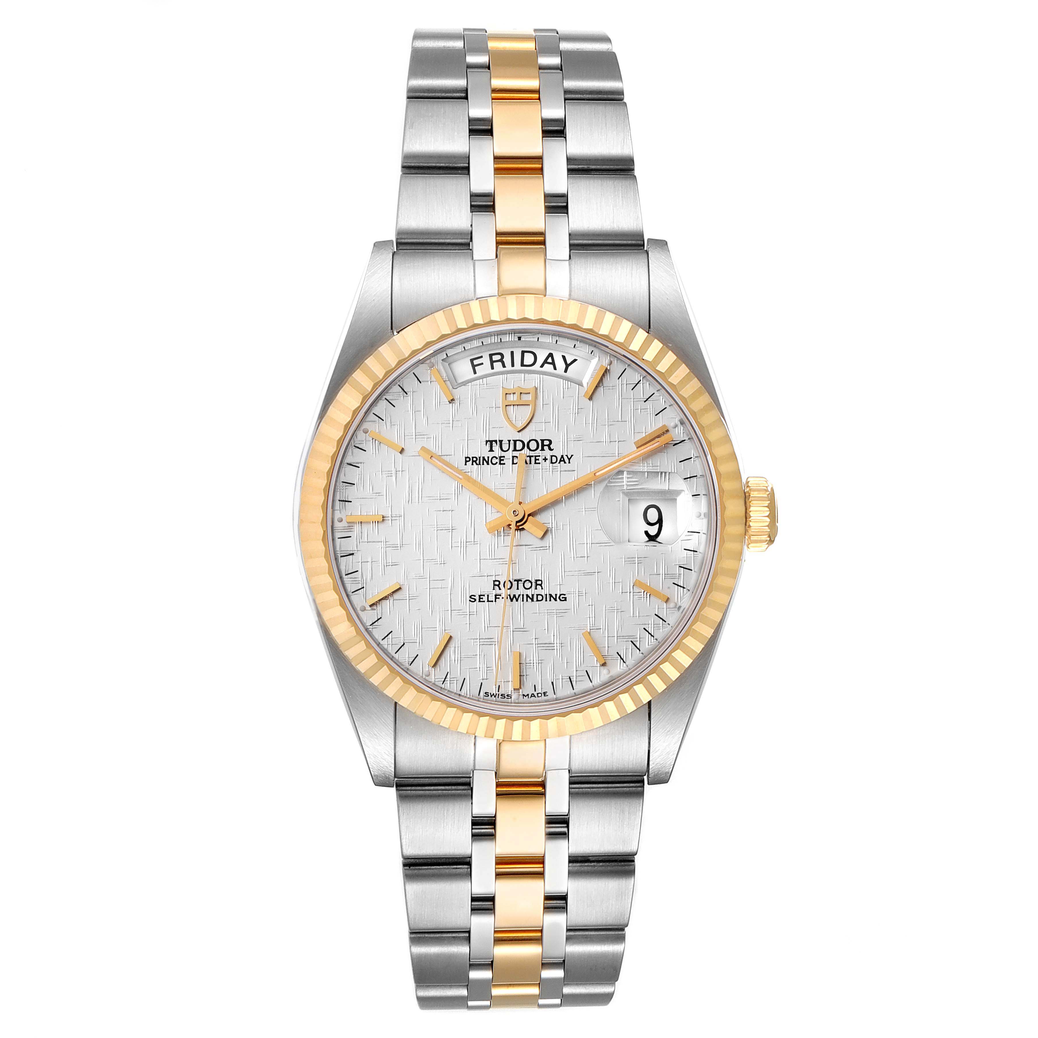 This Prince model by Tudor is shown from a front angle displaying the face, hands, dial, date, and part of the two-tone bracelet.