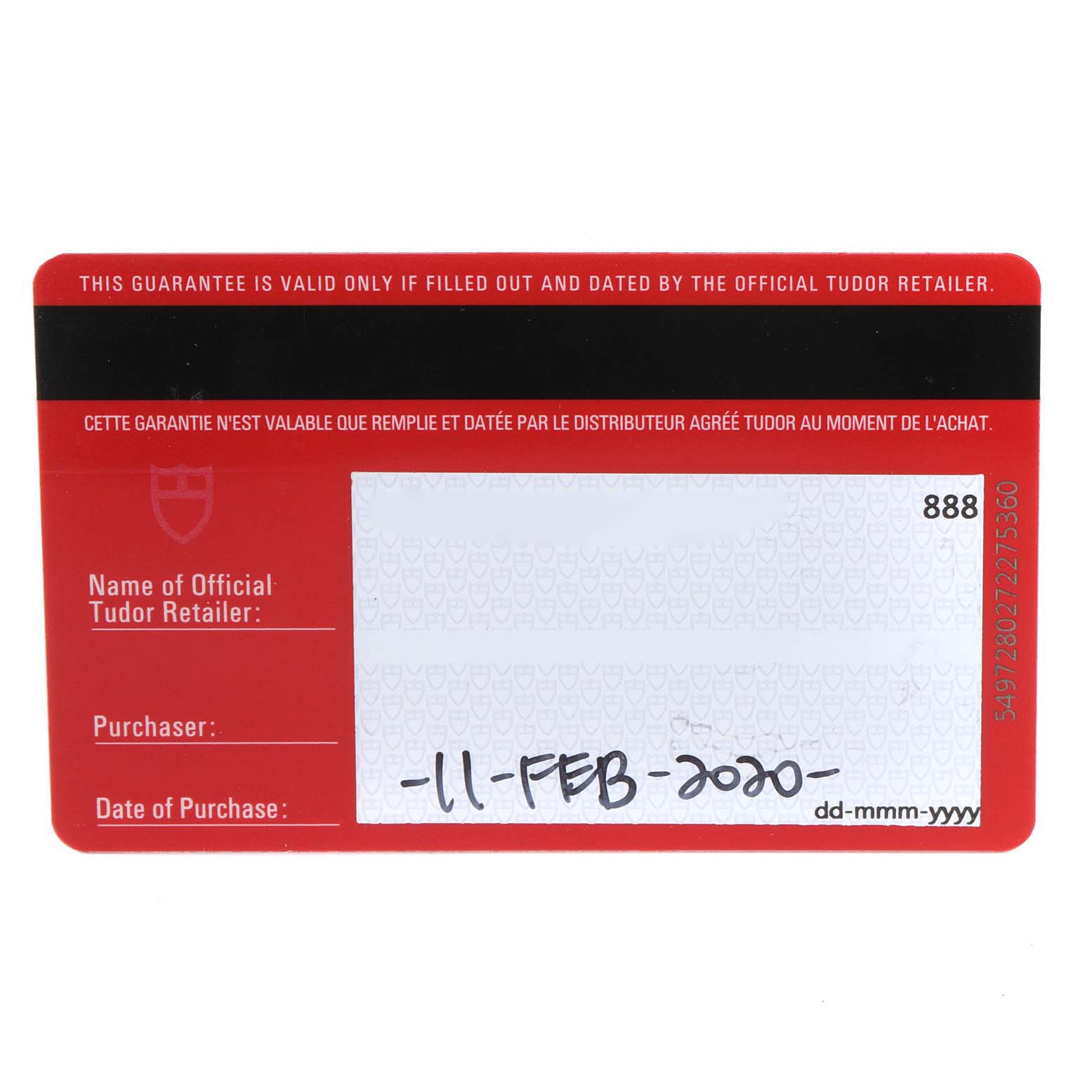 The image shows a warranty card for the Prince model by Tudor, dated 11-Feb-2020.