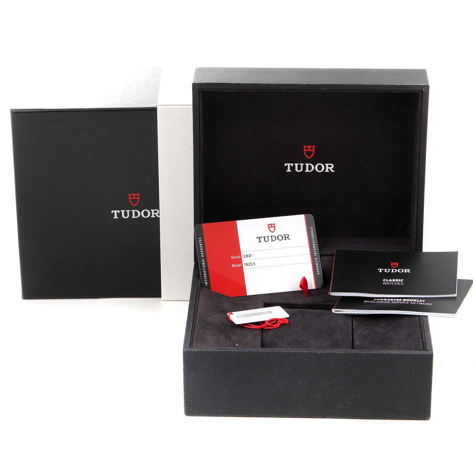 The image shows a Tudor Prince 76213 Men's Steel and Gold (two tone) Silver Dial 76213 Men's Steel and Gold (two tone) Silver Dial watch box with warranty cards and booklets, viewed from the front.