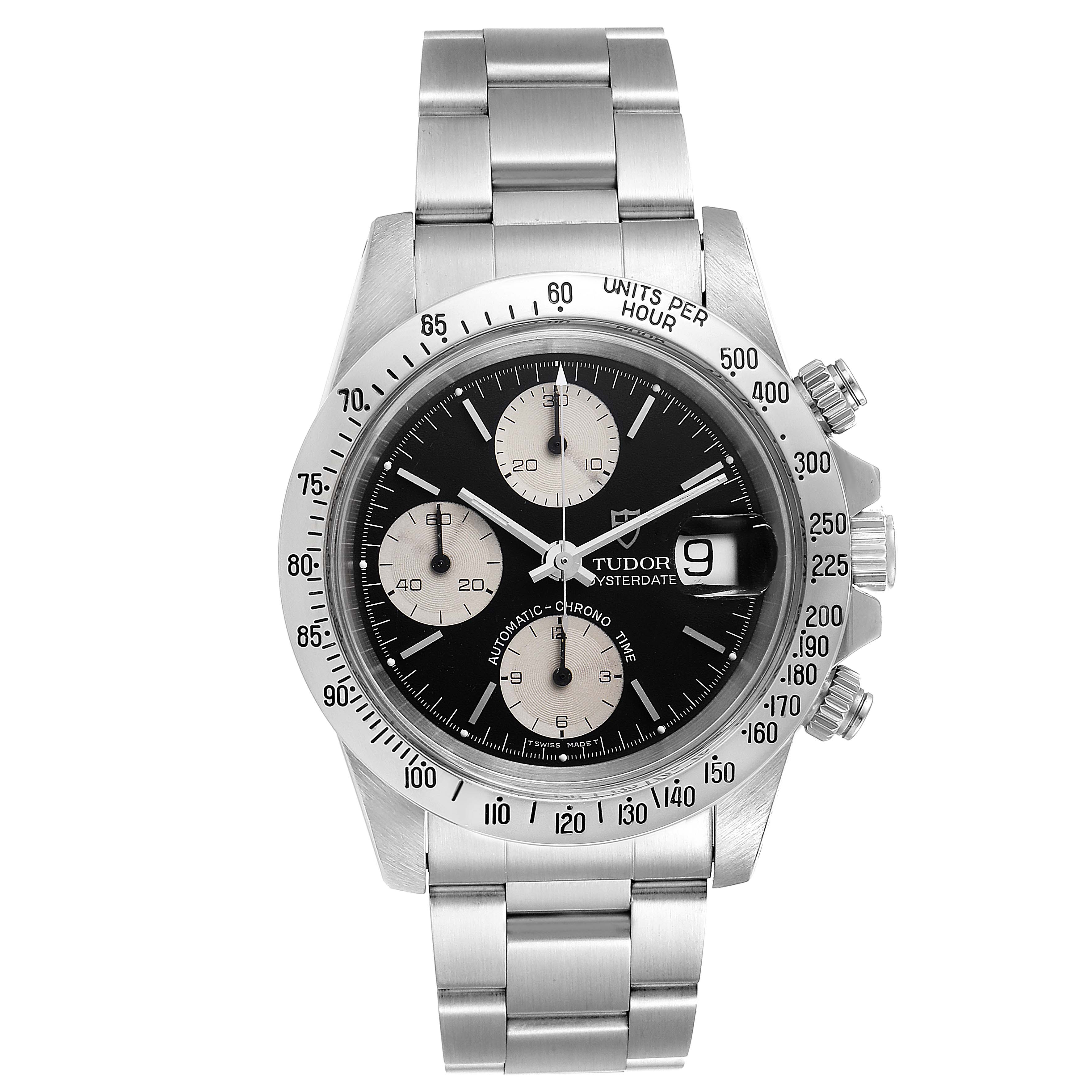 The image shows a Tudor Prince 79180 Men
s Stainless Steel Black Dial 79180 Men
s Stainless Steel Black Dial Oysterdate watch, featuring a stainless steel case, bracelet, and a black dial with chronograph subdials.