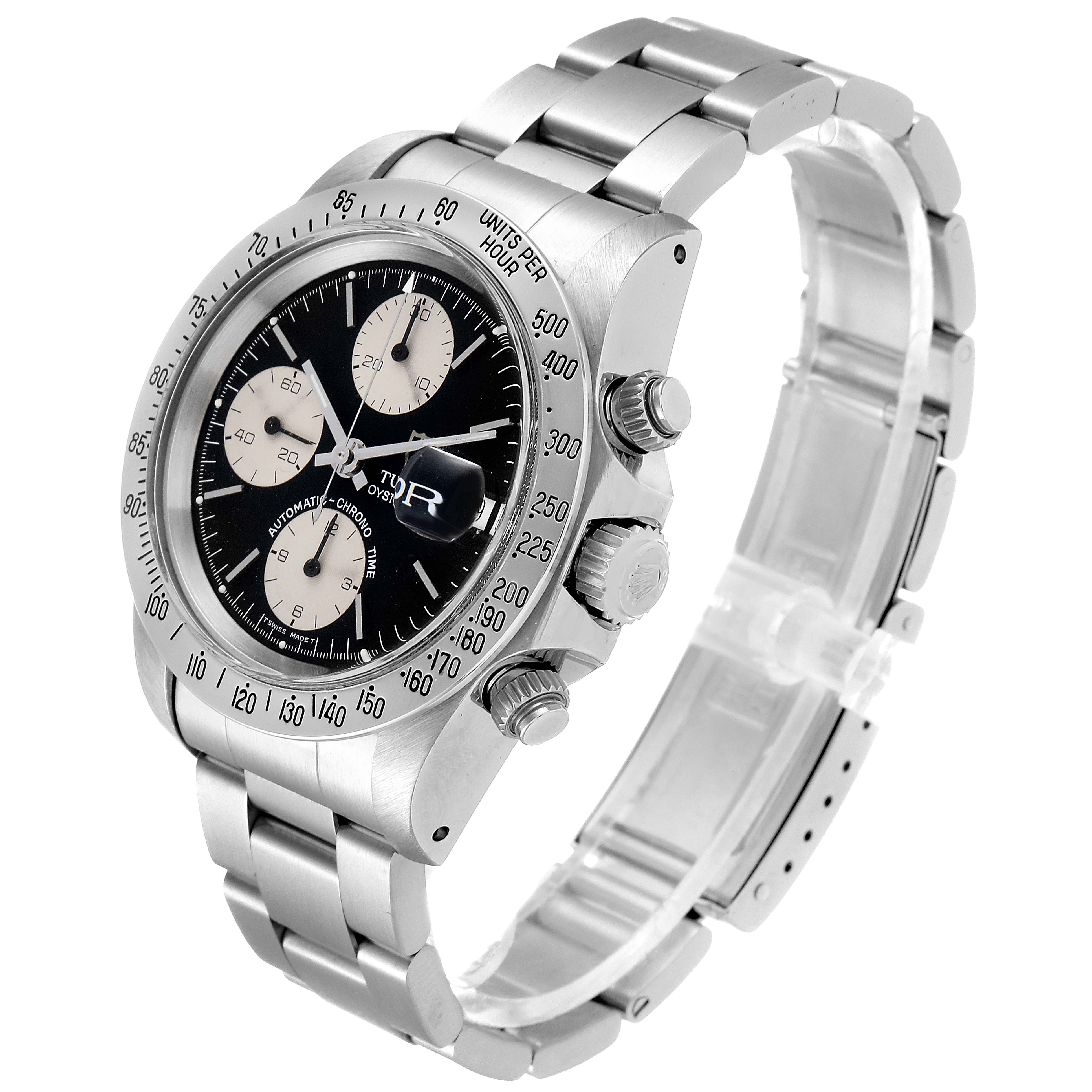 The image shows a Tudor Prince 79180 Men
s Stainless Steel Black Dial 79180 Men
s Stainless Steel Black Dial watch angled to highlight its face, bezel, pushers, crown, and stainless steel bracelet.